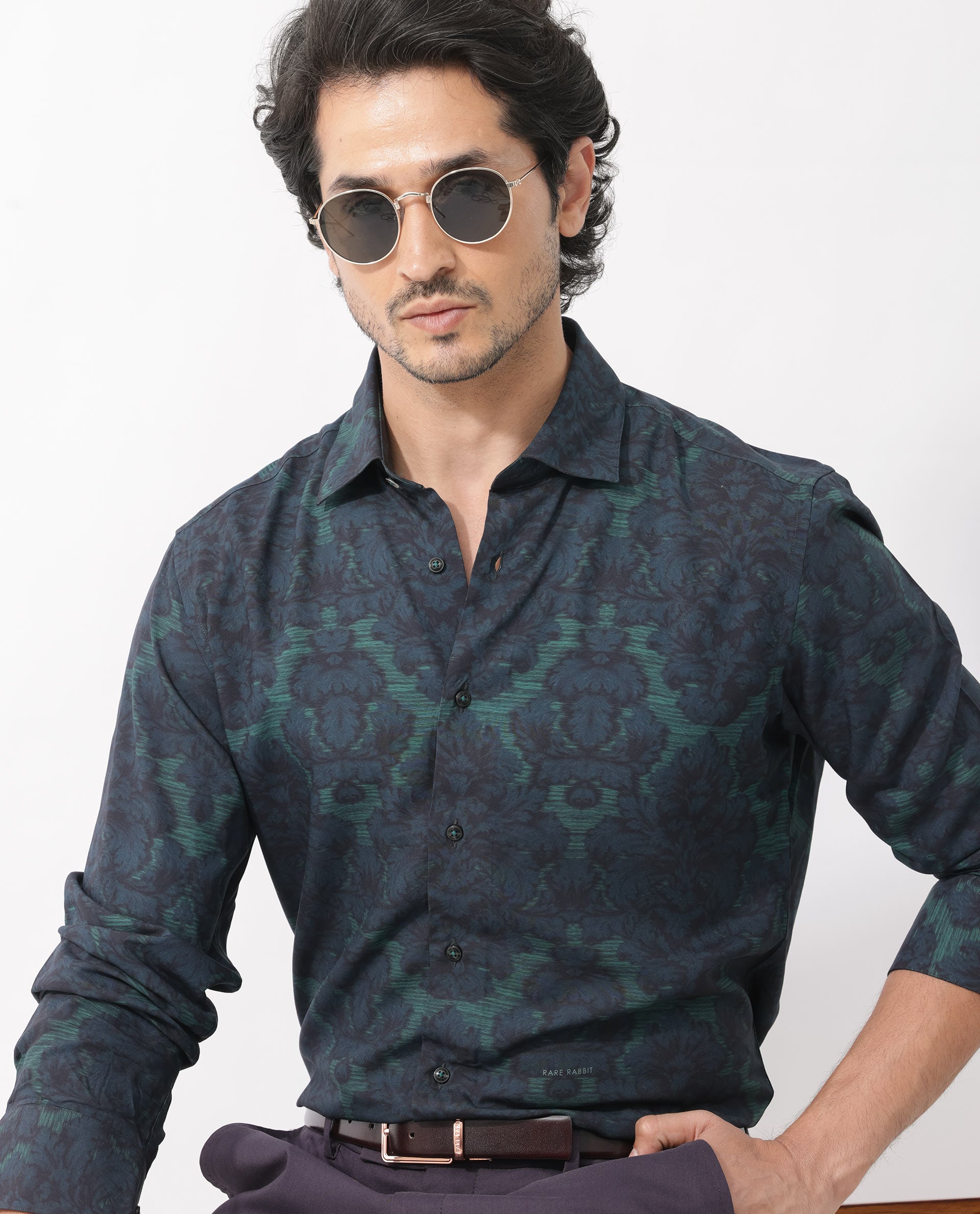 Rare Rabbit Mens Crux Dark Green Viscose Fabric Full Sleeve Floral Print Shirt