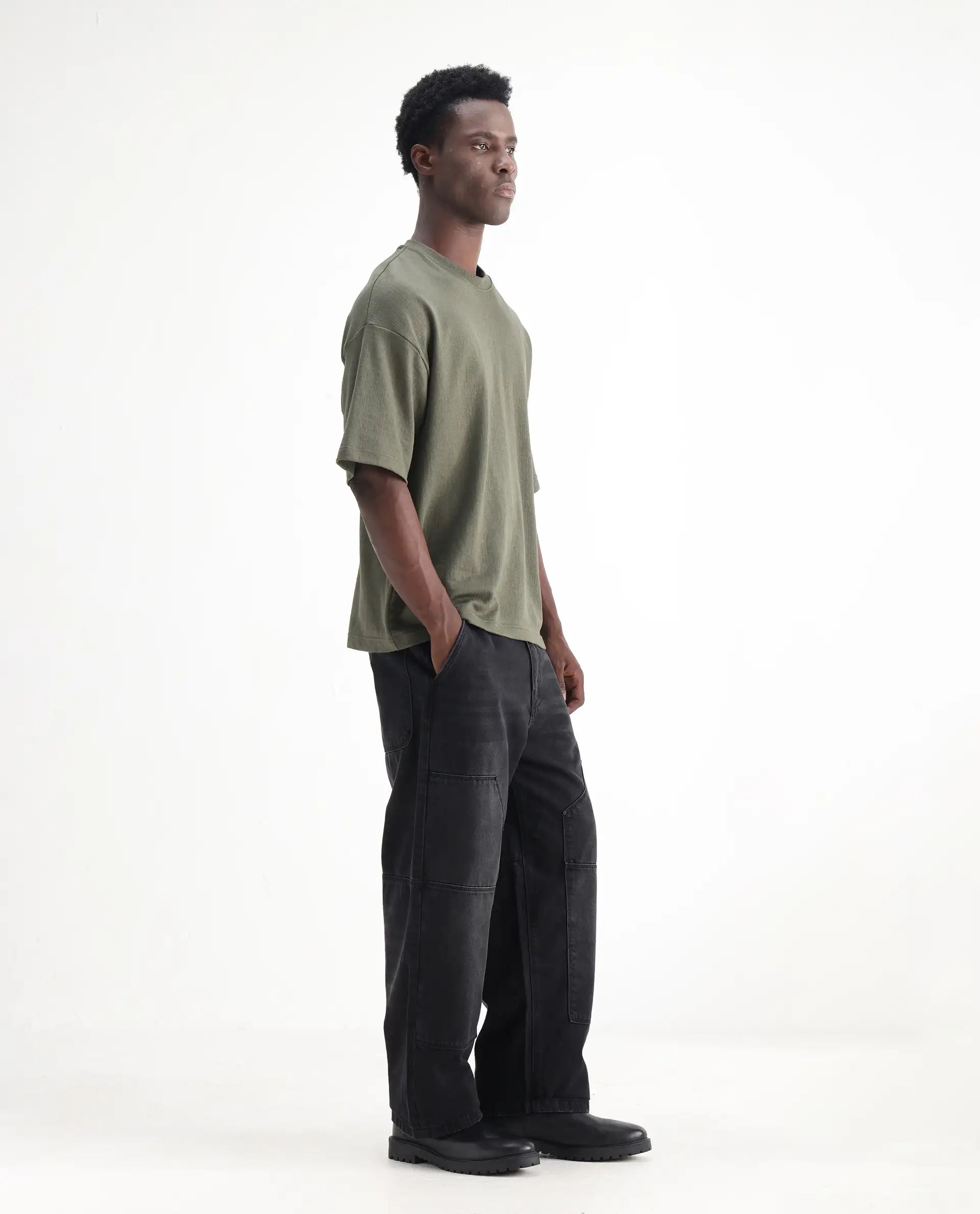 Rare Rabbit Men's Cruz Black Cotton Plain Baggy Fit Jeans