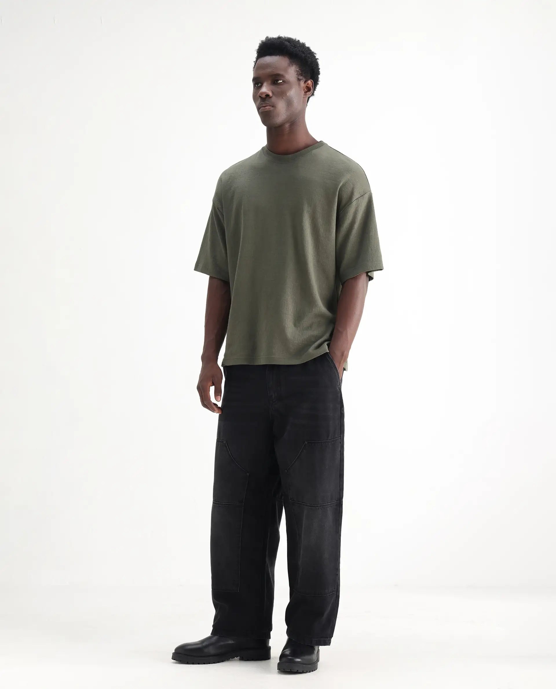 Rare Rabbit Men's Cruz Black Cotton Plain Baggy Fit Jeans