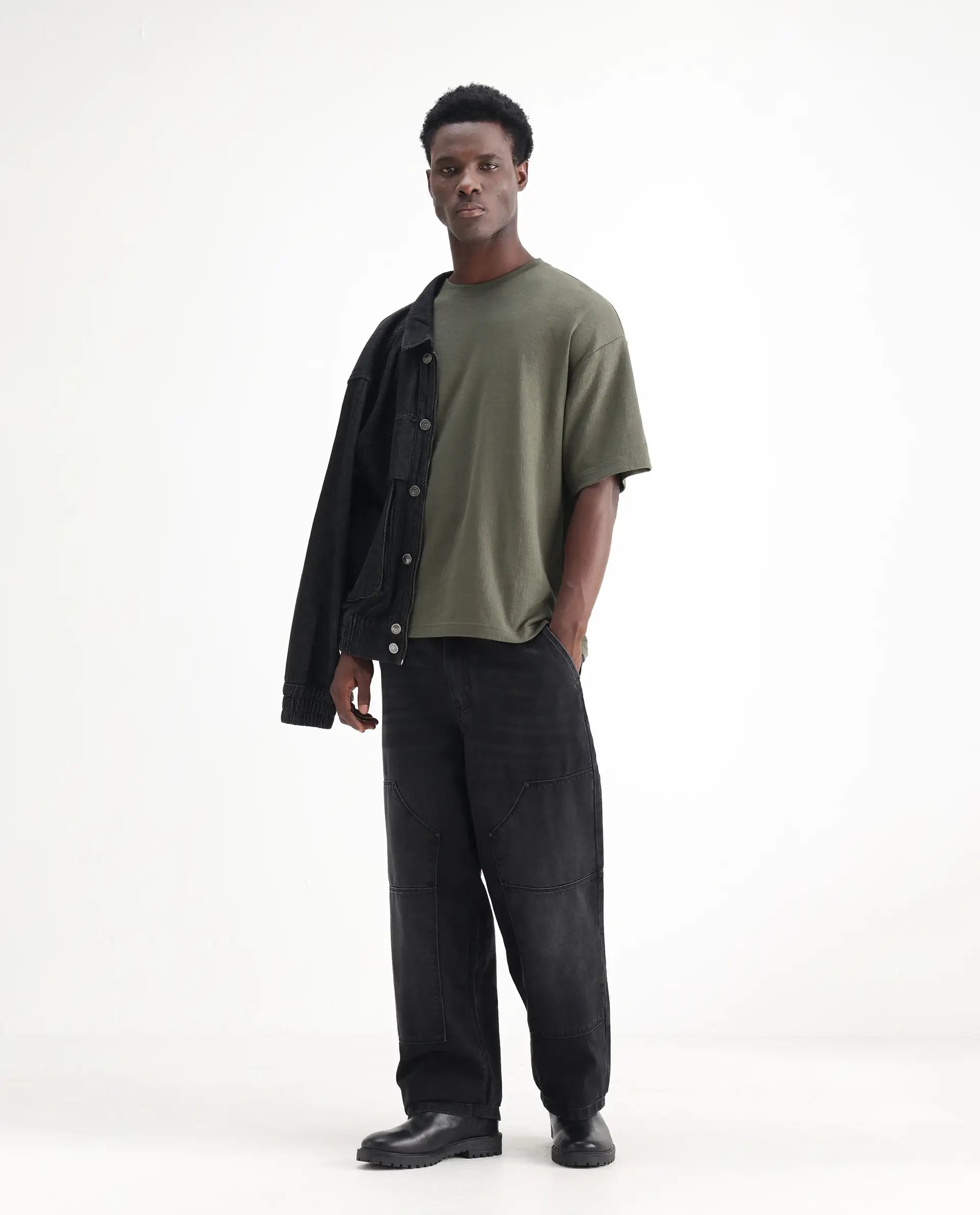 Rare Rabbit Men's Cruz Black Cotton Plain Baggy Fit Jeans