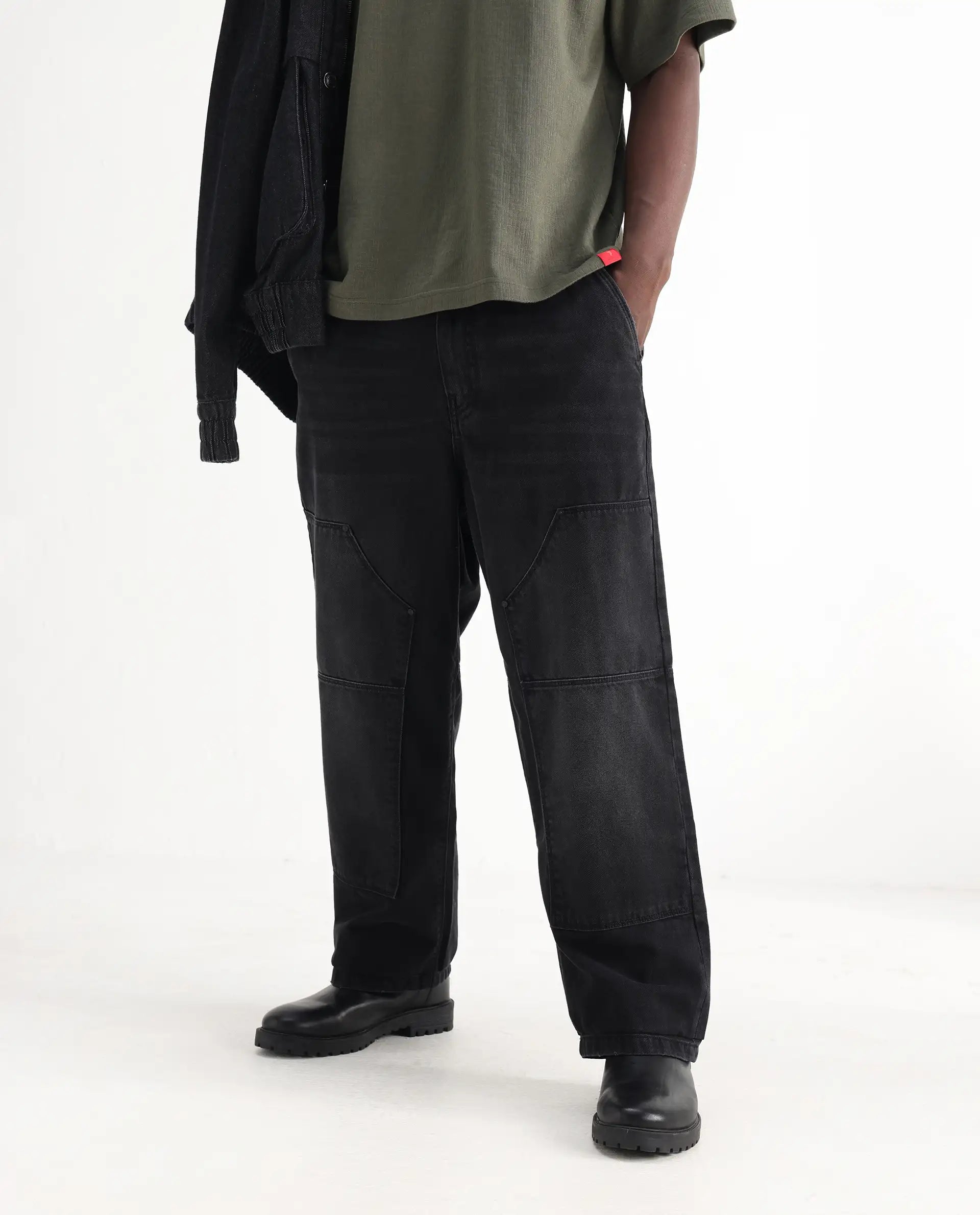 Rare Rabbit Men's Cruz Black Cotton Plain Baggy Fit Jeans