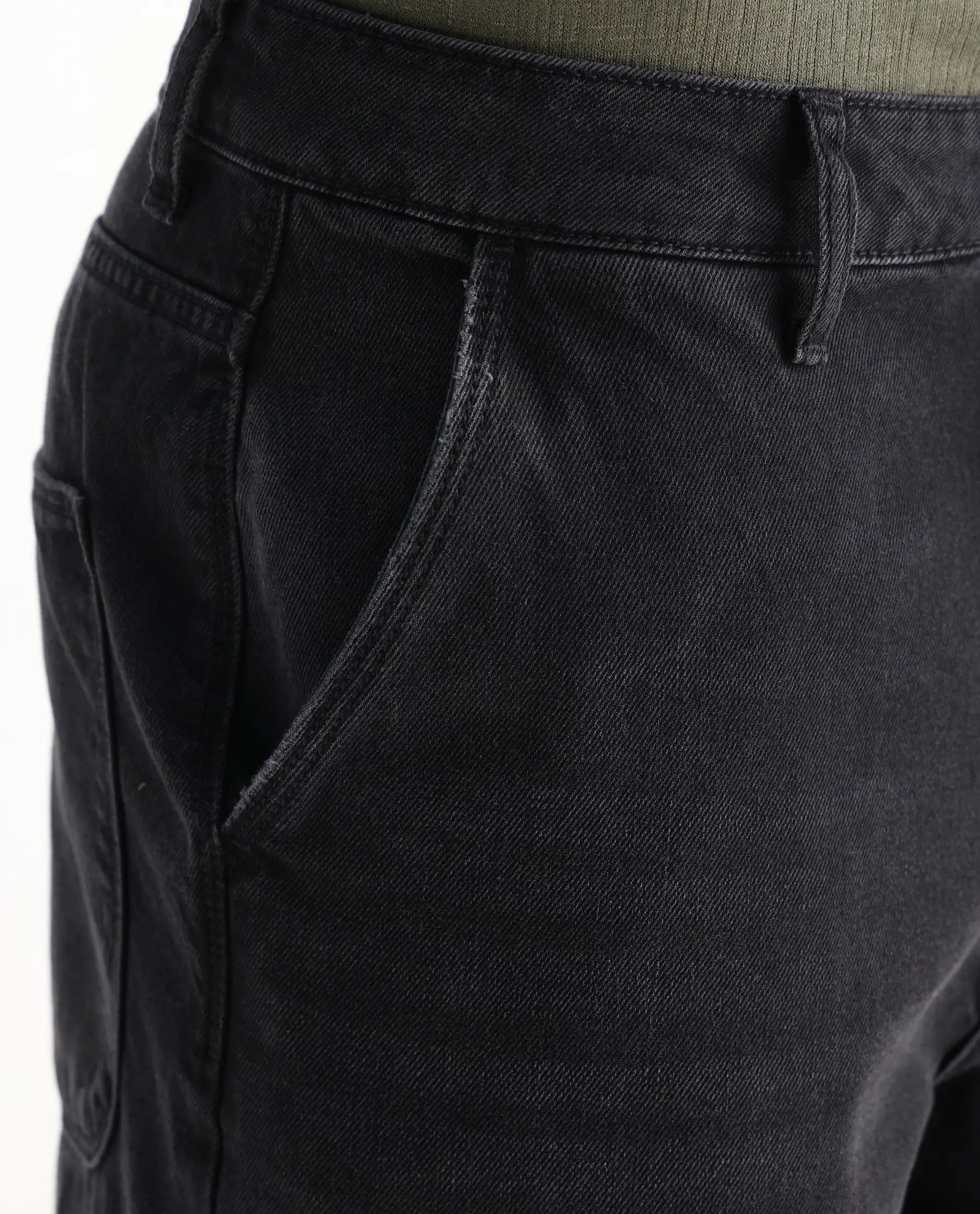 Rare Rabbit Men's Cruz Black Cotton Plain Baggy Fit Jeans