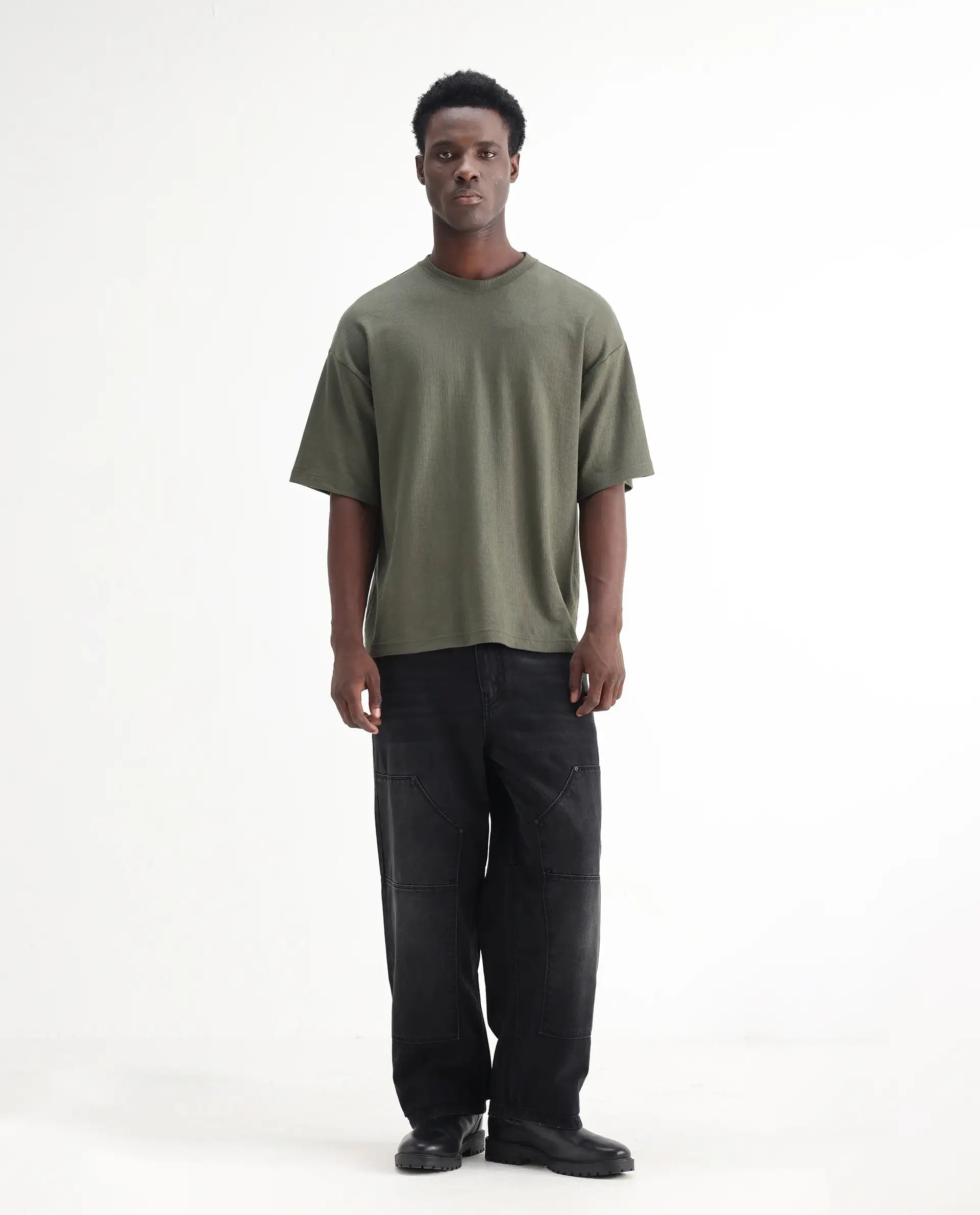 Rare Rabbit Men's Cruz Black Cotton Plain Baggy Fit Jeans