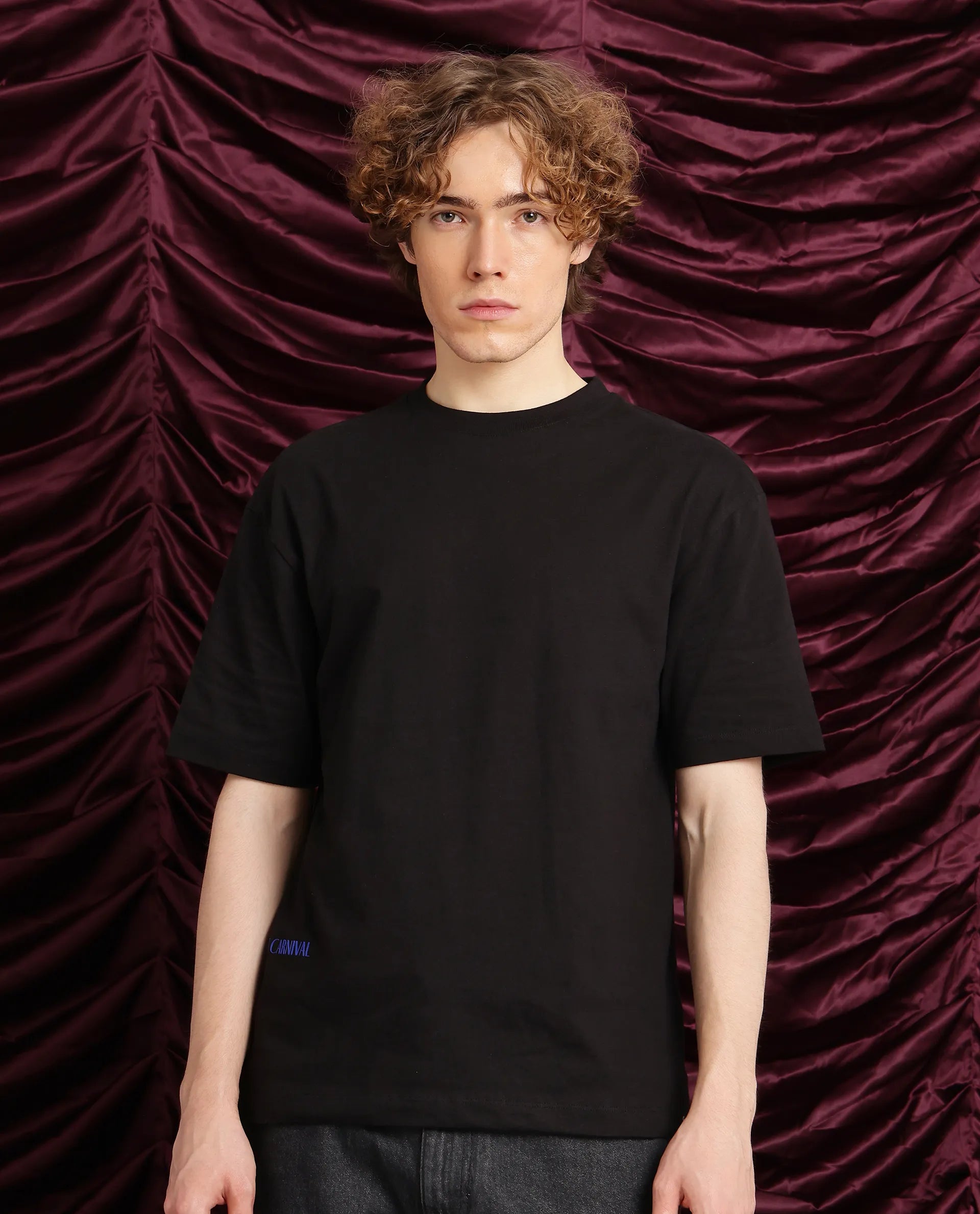 Rare Rabbit Men Cruzo Black Cotton Fabric Short Sleeve Crew Neck Oversized Fit Graphic Back Print T-Shirt