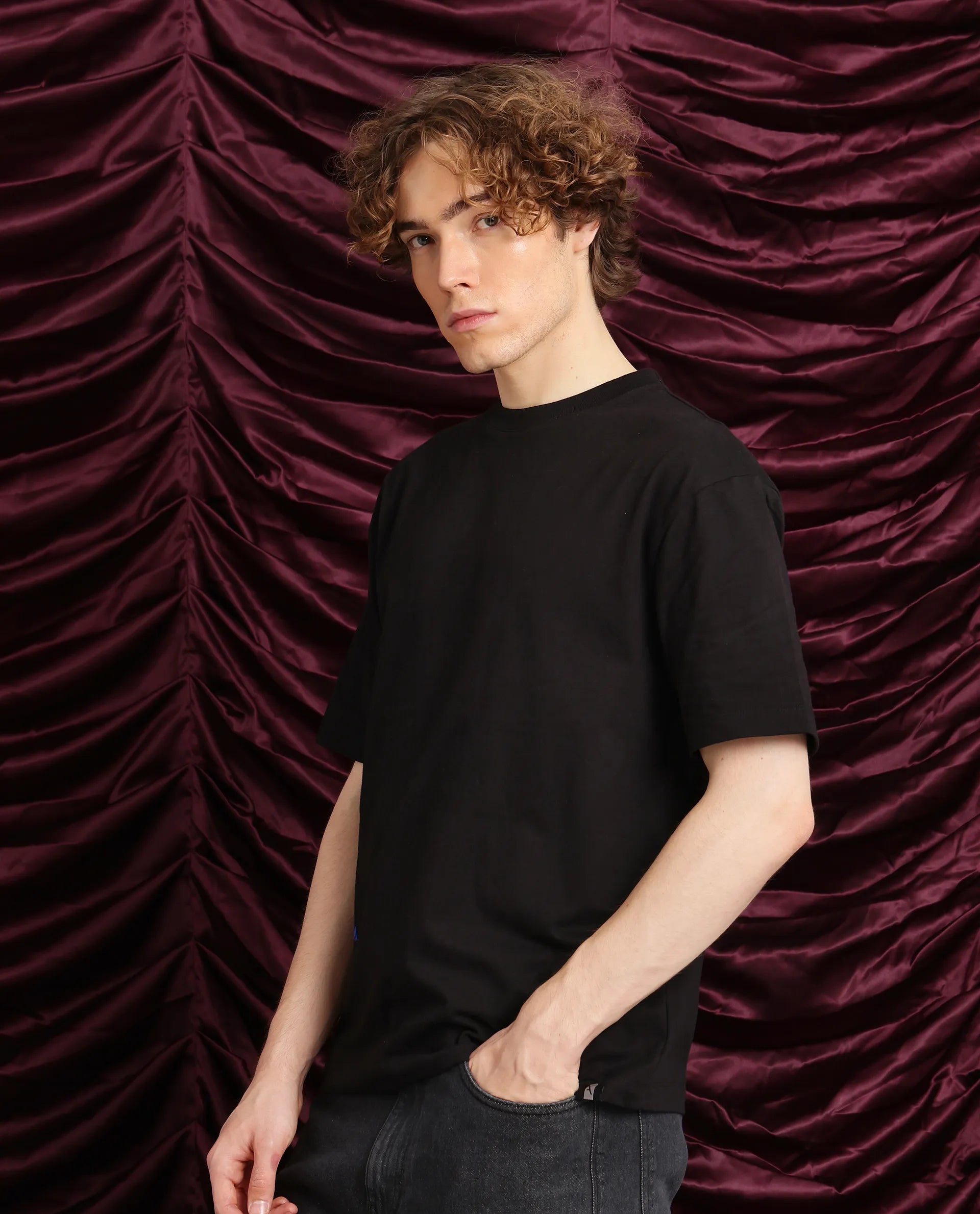 Rare Rabbit Men Cruzo Black Cotton Fabric Short Sleeve Crew Neck Oversized Fit Graphic Back Print T-Shirt