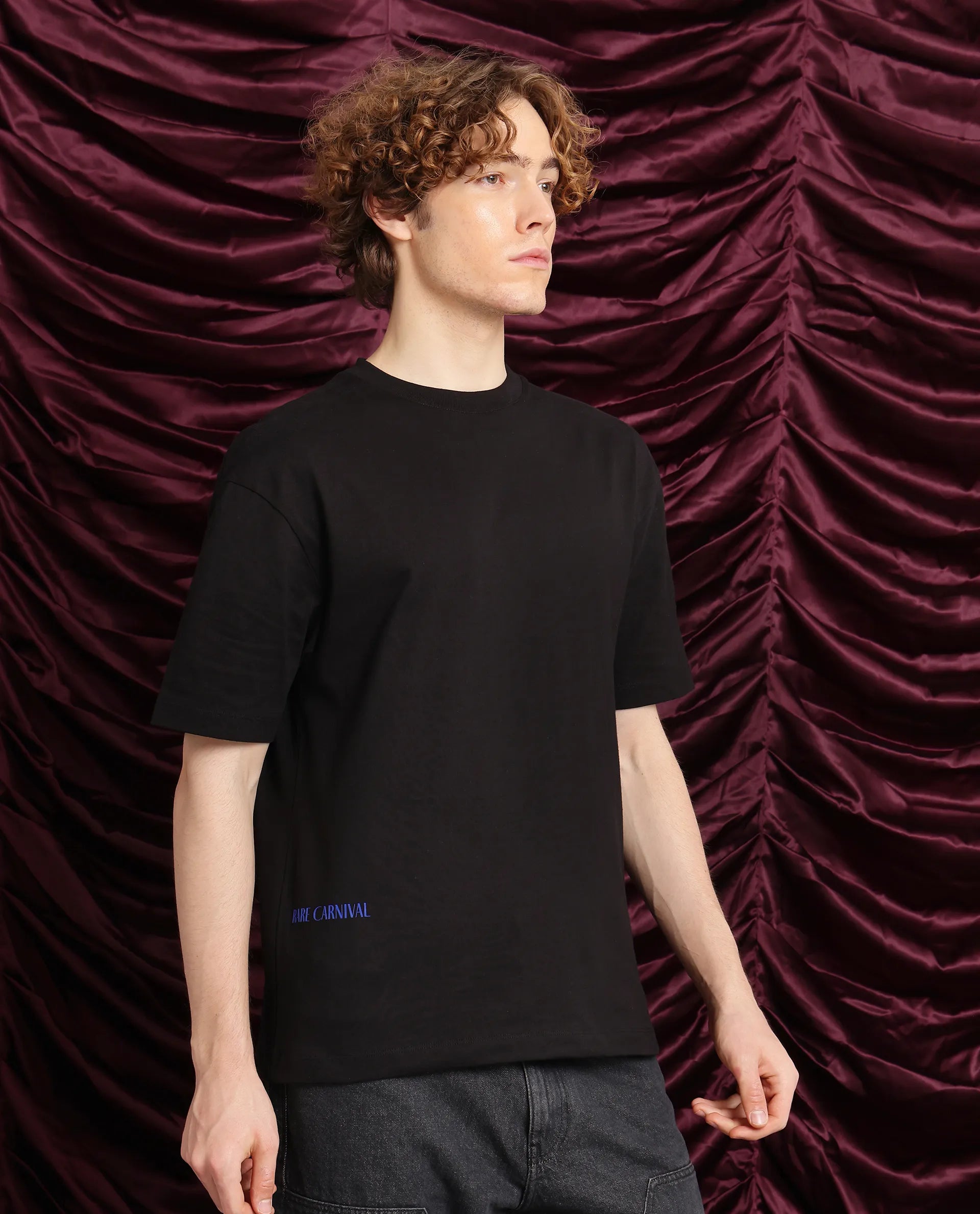 Rare Rabbit Men Cruzo Black Cotton Fabric Short Sleeve Crew Neck Oversized Fit Graphic Back Print T-Shirt