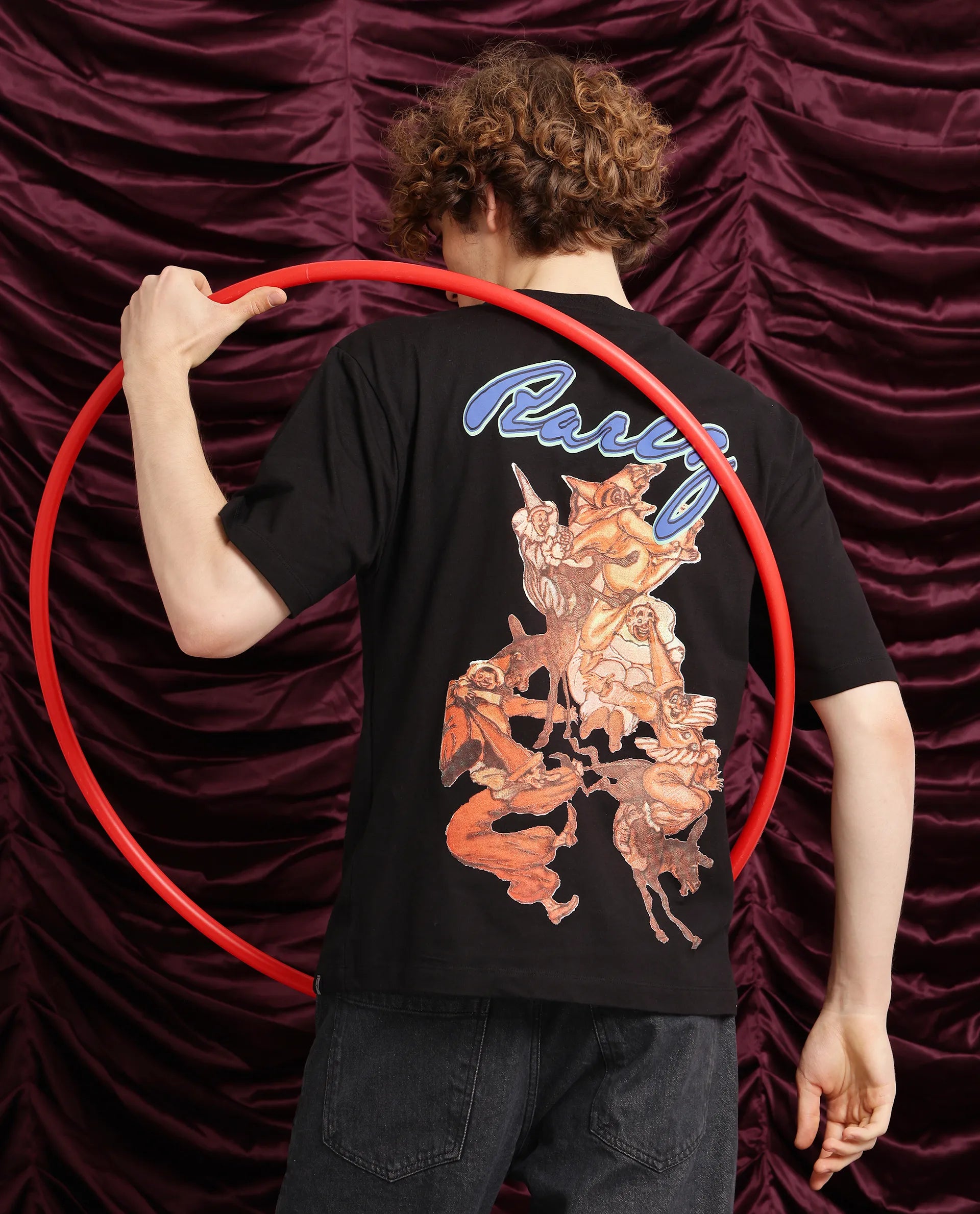 Rare Rabbit Men Cruzo Black Cotton Fabric Short Sleeve Crew Neck Oversized Fit Graphic Back Print T-Shirt