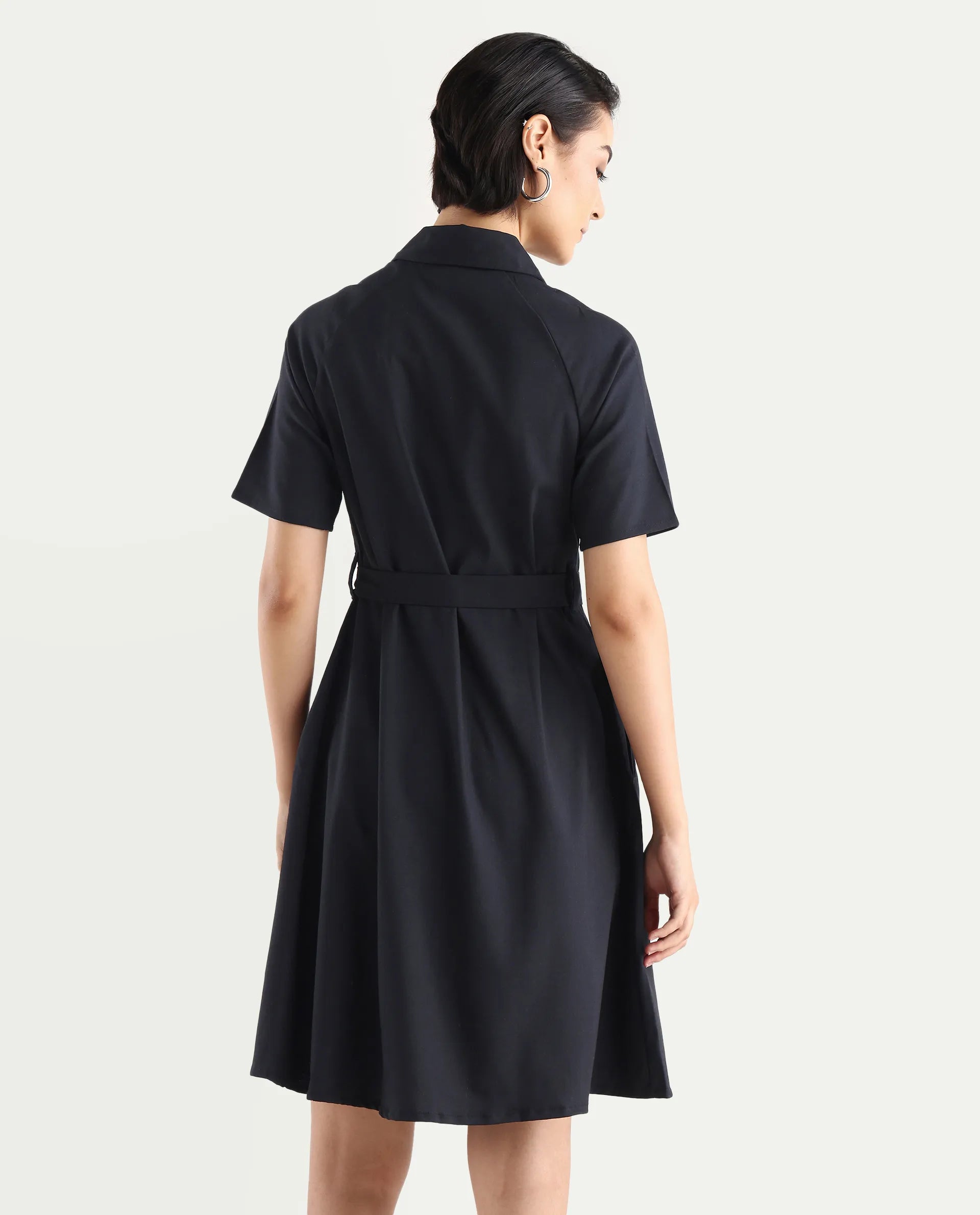 Rareism Women's Crypty Navy Polyester Blend Drop Collar Plain Knee Length A-Line Dress