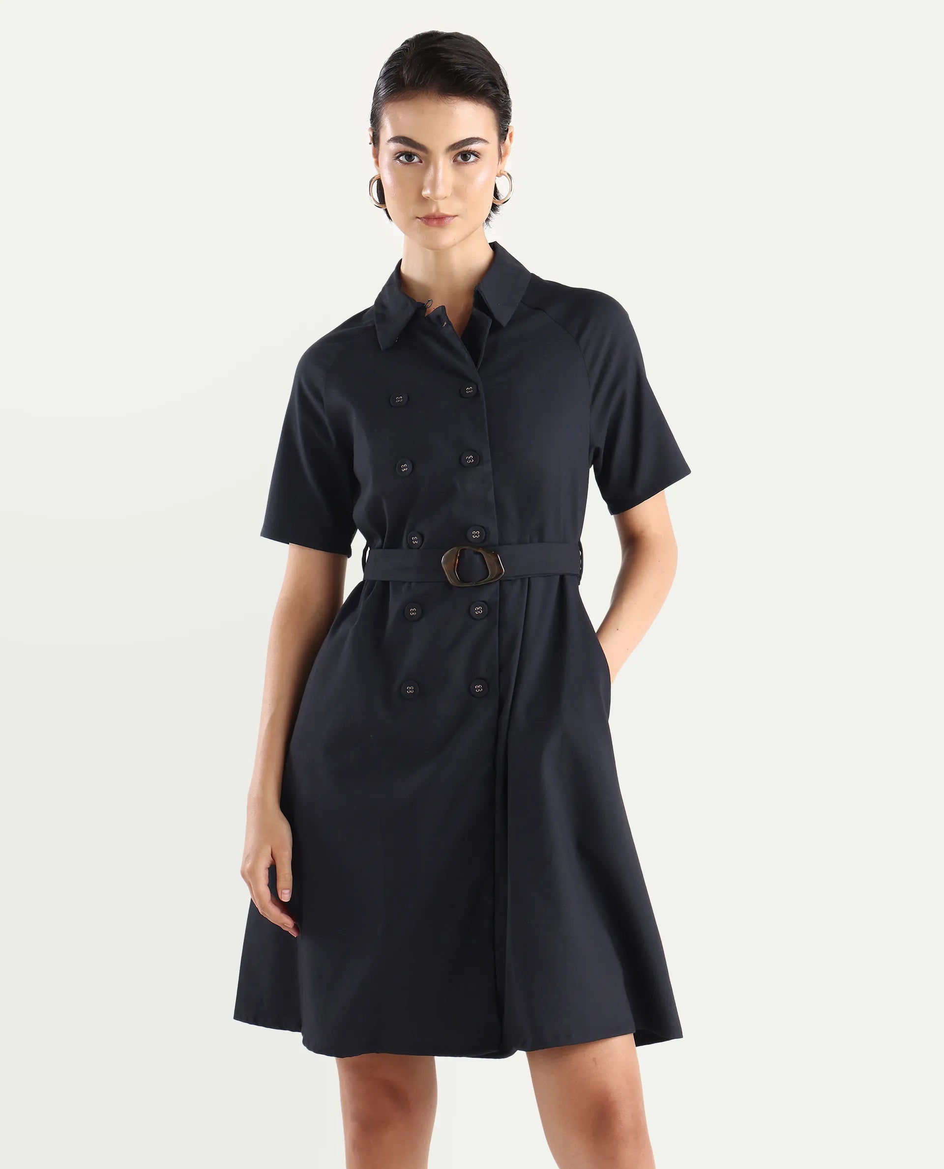 Rareism Women's Crypty Navy Polyester Blend Drop Collar Plain Knee Length A-Line Dress