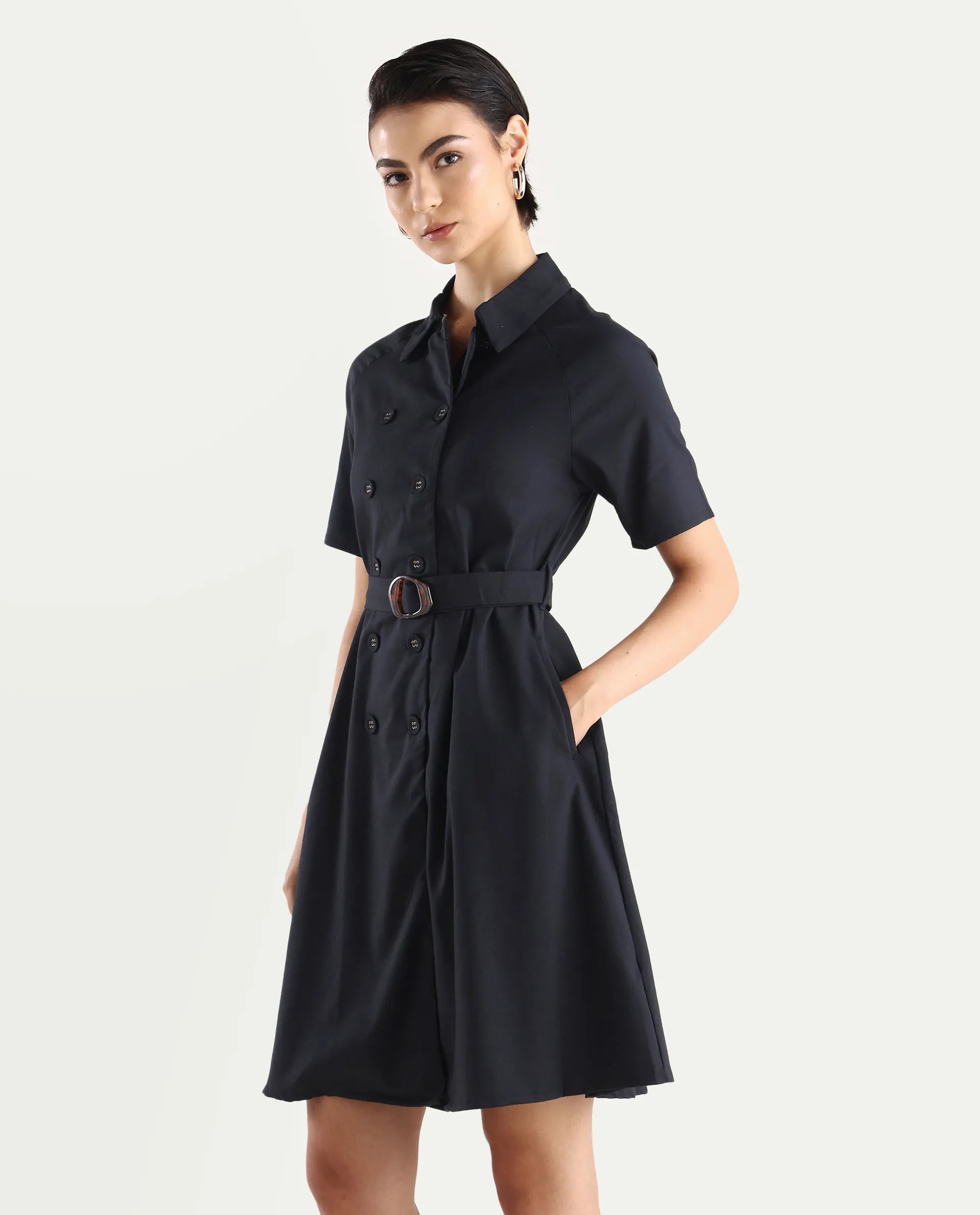 Rareism Women's Crypty Navy Polyester Blend Drop Collar Plain Knee Length A-Line Dress