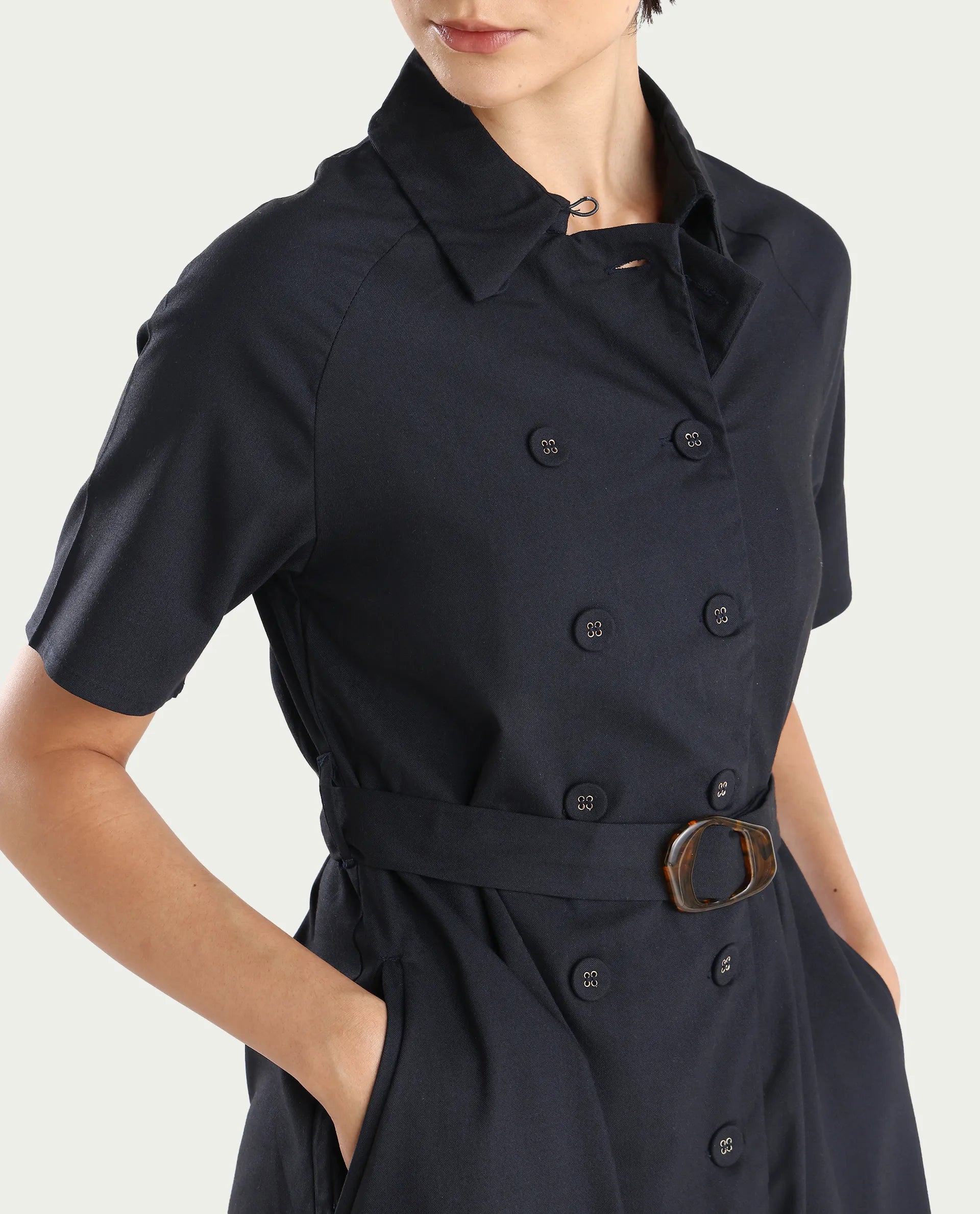 Rareism Women's Crypty Navy Polyester Blend Drop Collar Plain Knee Length A-Line Dress