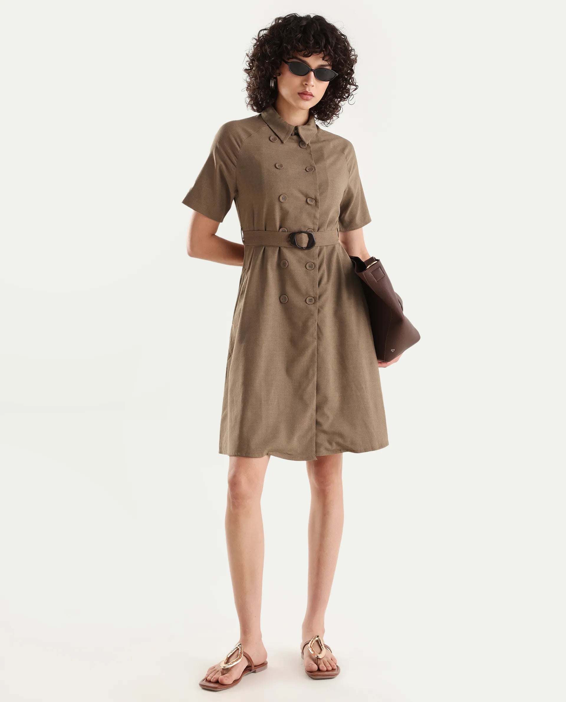 Rareism Women's Polyester Blend Drop Collar Plain Knee Length A-Line Dress