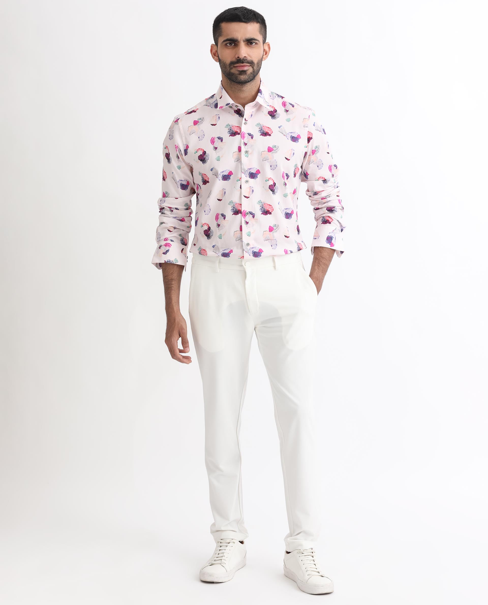 Rare Rabbit Men's Crysta Pink Cotton Fabric Abstract Print Full Sleeves Shirt