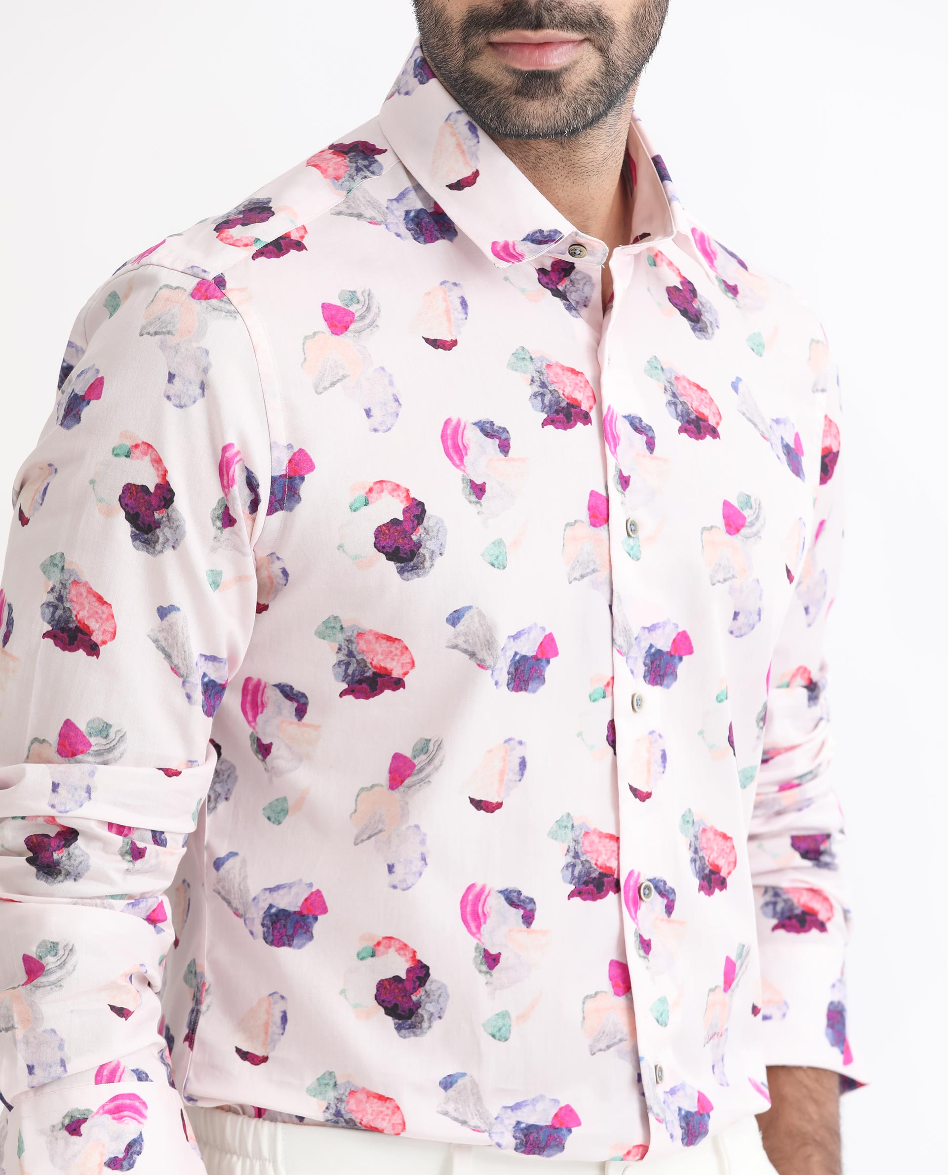Rare Rabbit Men's Crysta Pink Cotton Fabric Abstract Print Full Sleeves Shirt