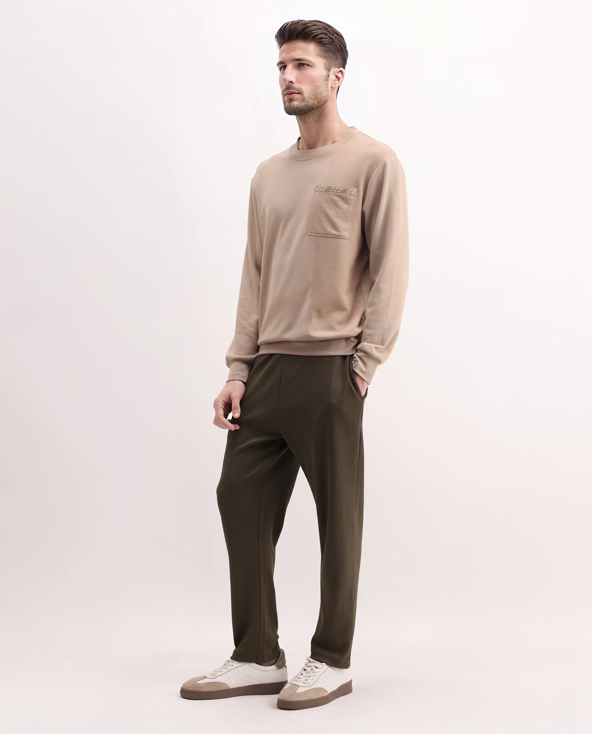 Rare Rabbit Men's Costo-B Dark Beige Polyester Blend Plain Regular Fit Track Pant