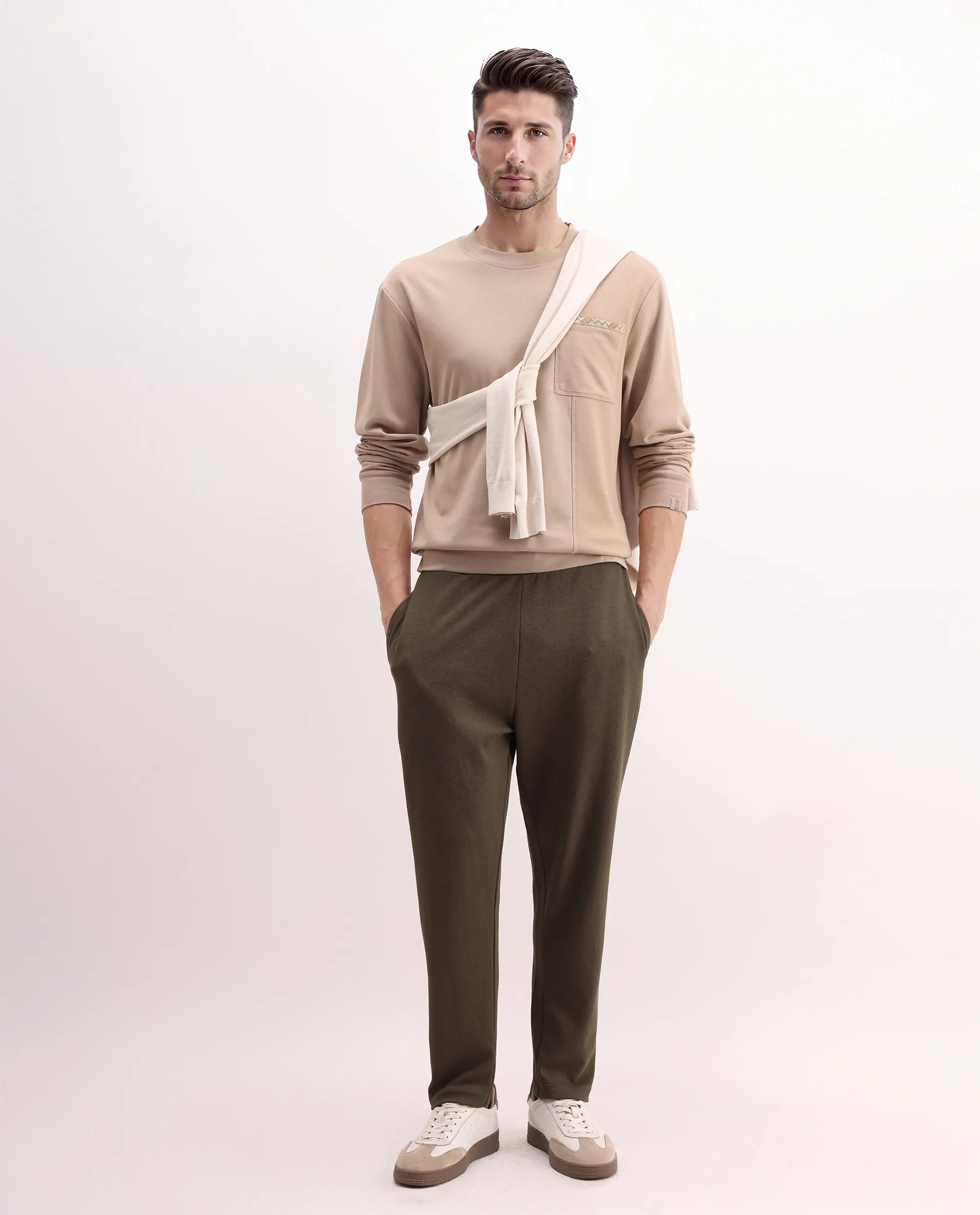 Rare Rabbit Men's Costo-B Dark Beige Polyester Blend Plain Regular Fit Track Pant