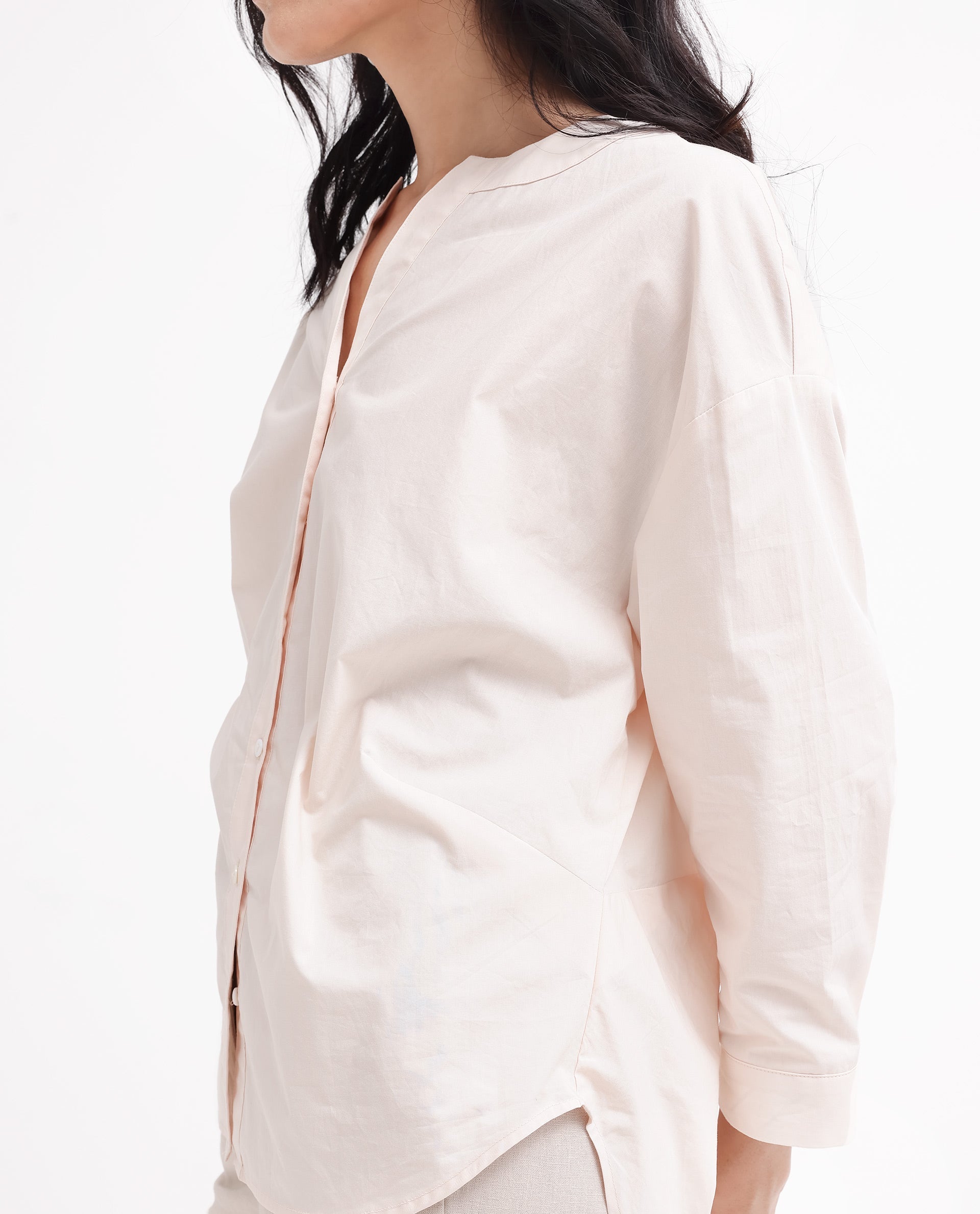 Rareism Women Cuba-T Light Beige Cotton Fabric Collared Neck Stripe Regular Fit Shirt