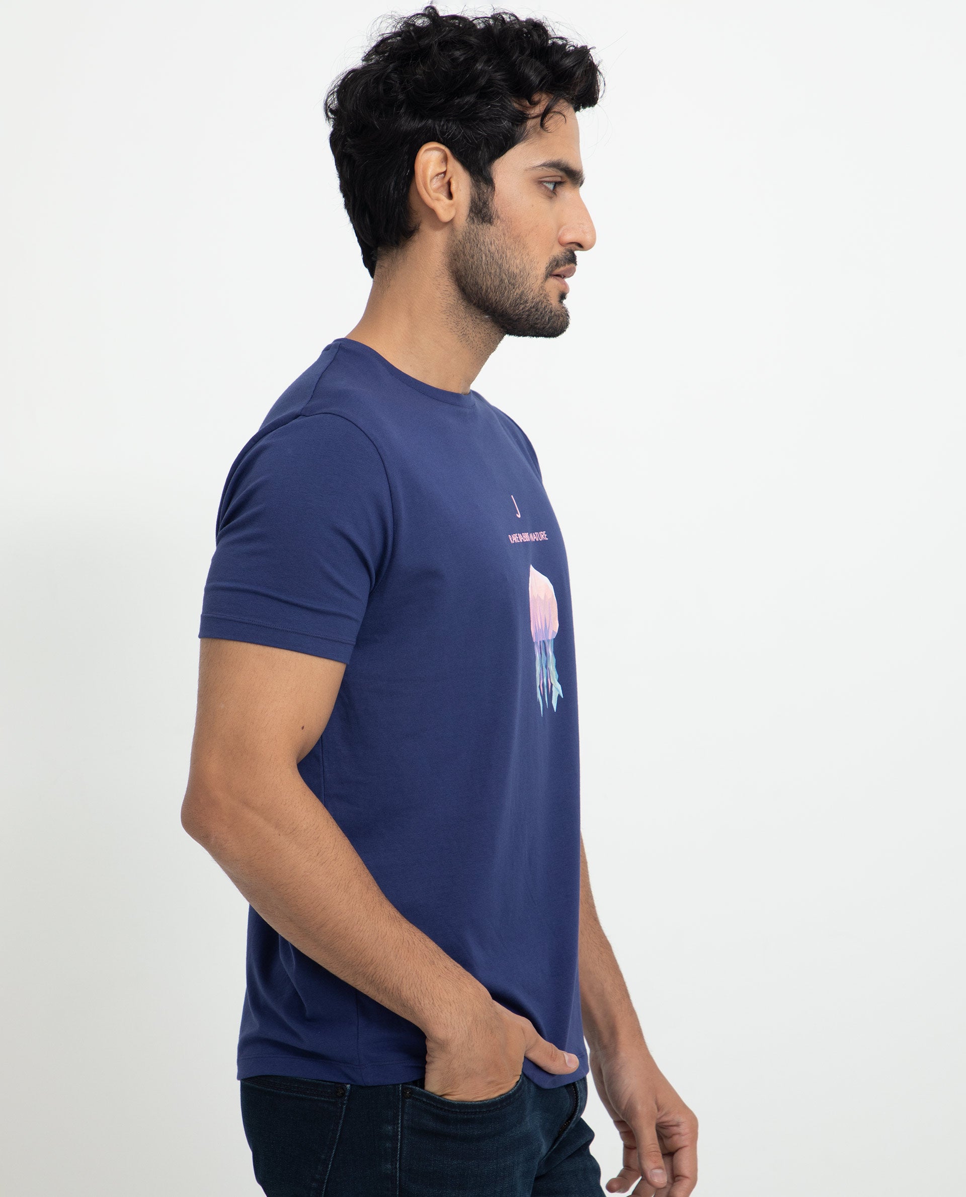 Rare Rabbit Men's Cubana Blue Crew Neck Discharge Print Half Sleeves Slim Fit T-Shirt