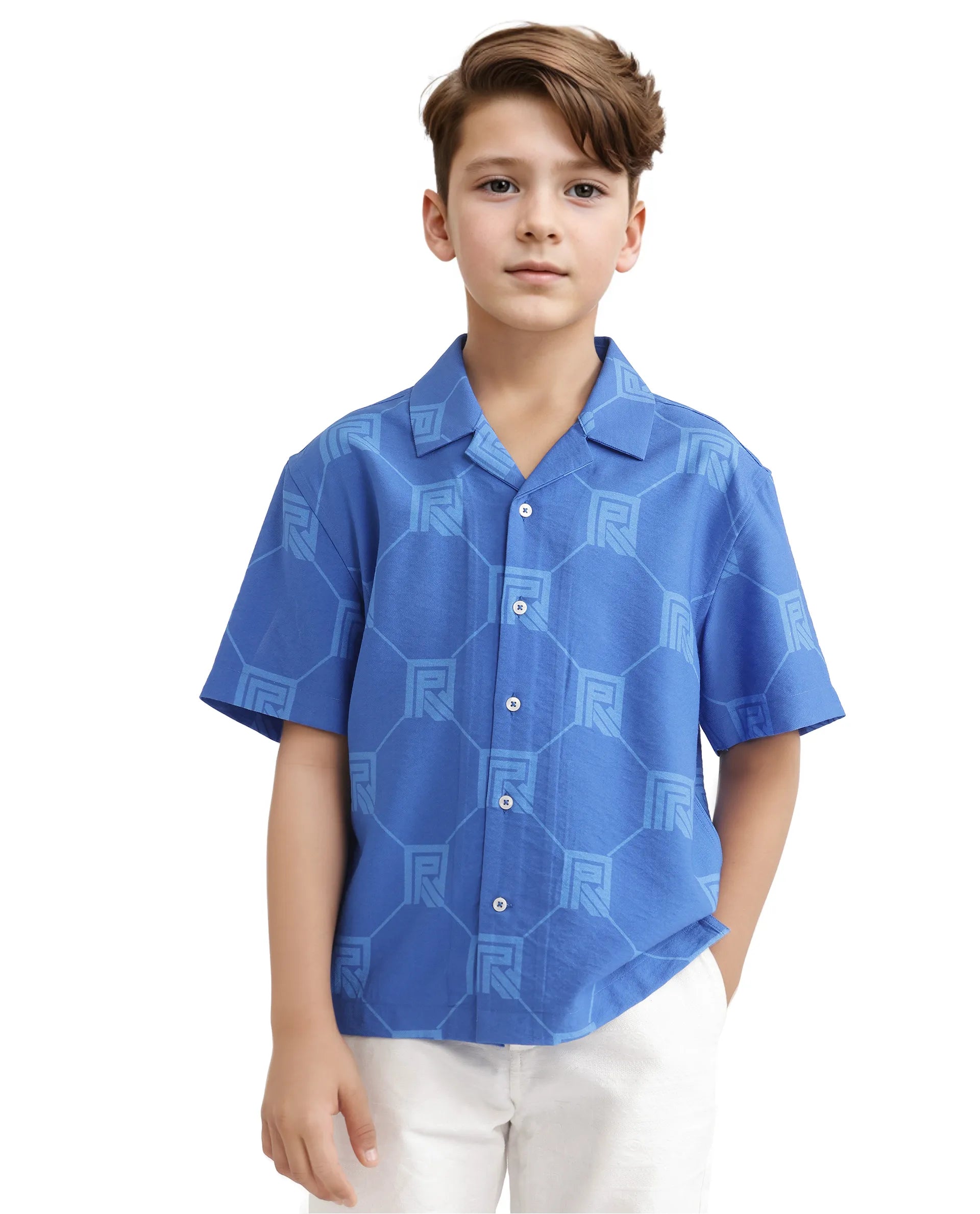 Rare Ones Kids Rynk Blue Viscose Blend Half Sleeve Button Printed Regular Fit Shirt