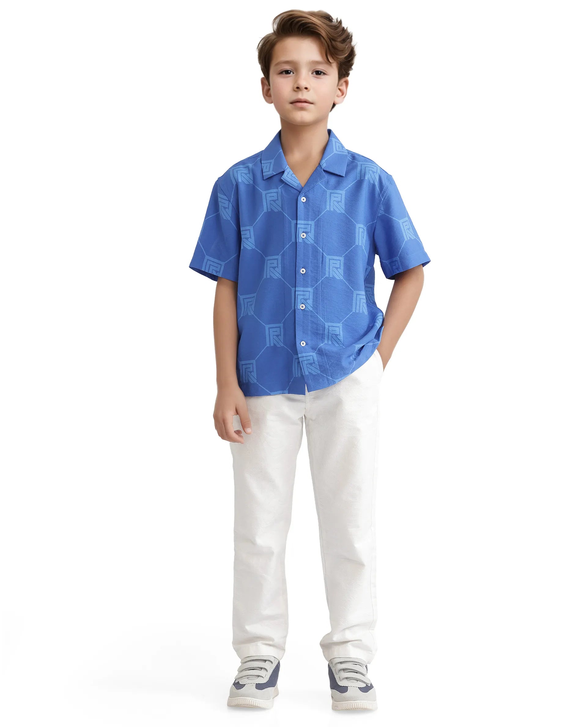 Rare Ones Kids Rynk Blue Viscose Blend Half Sleeve Button Printed Regular Fit Shirt