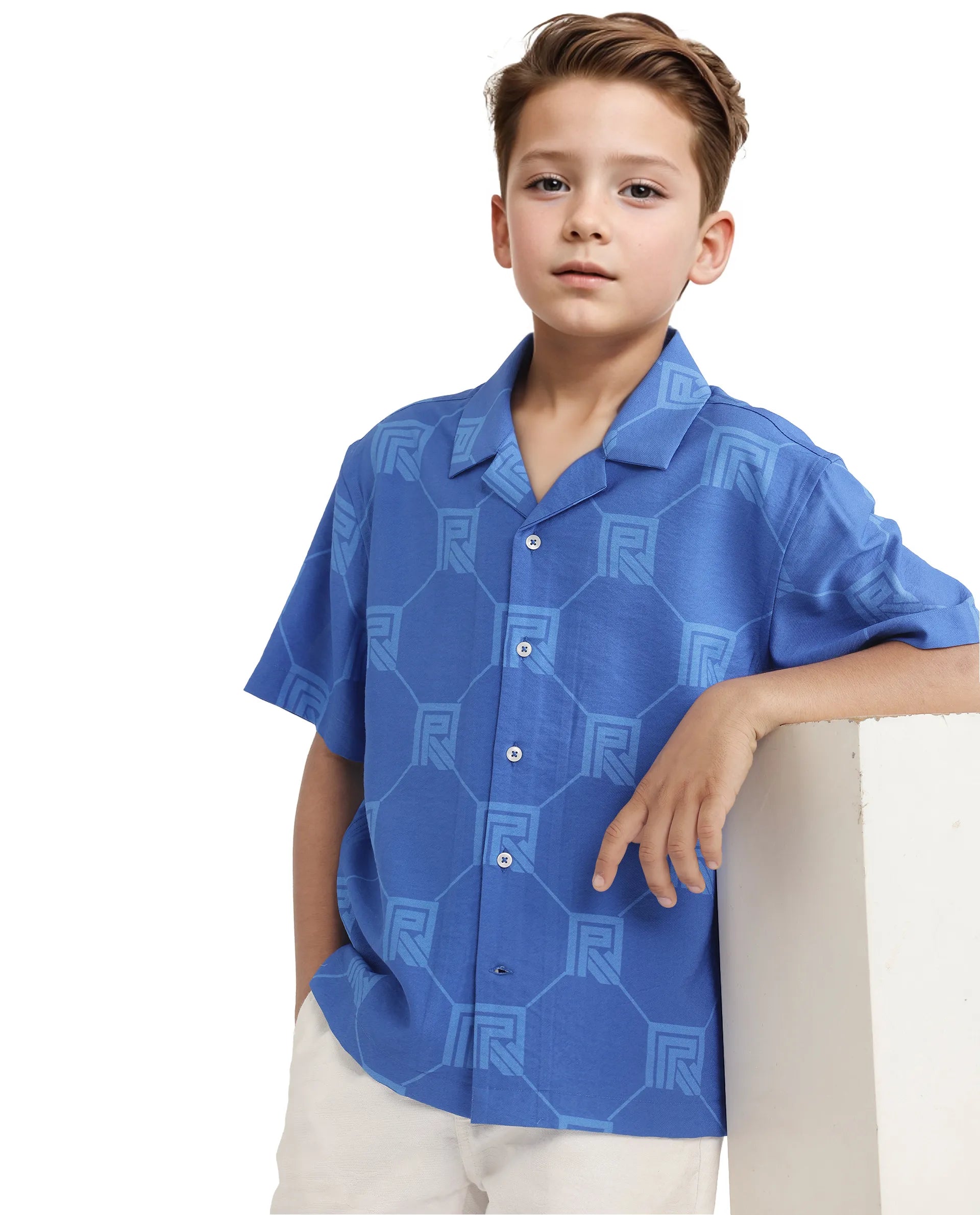 Rare Ones Kids Rynk Blue Viscose Blend Half Sleeve Button Printed Regular Fit Shirt