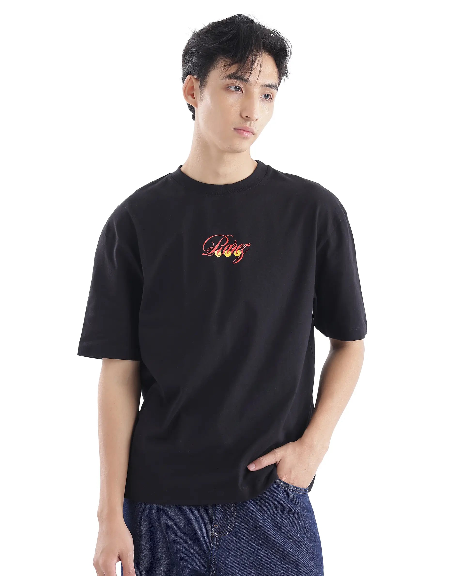 Rare Rabbit Men Cube Black Cotton Fabric Short Sleeve Crew Neck Oversized Fit Graphic Back Print T-Shirt