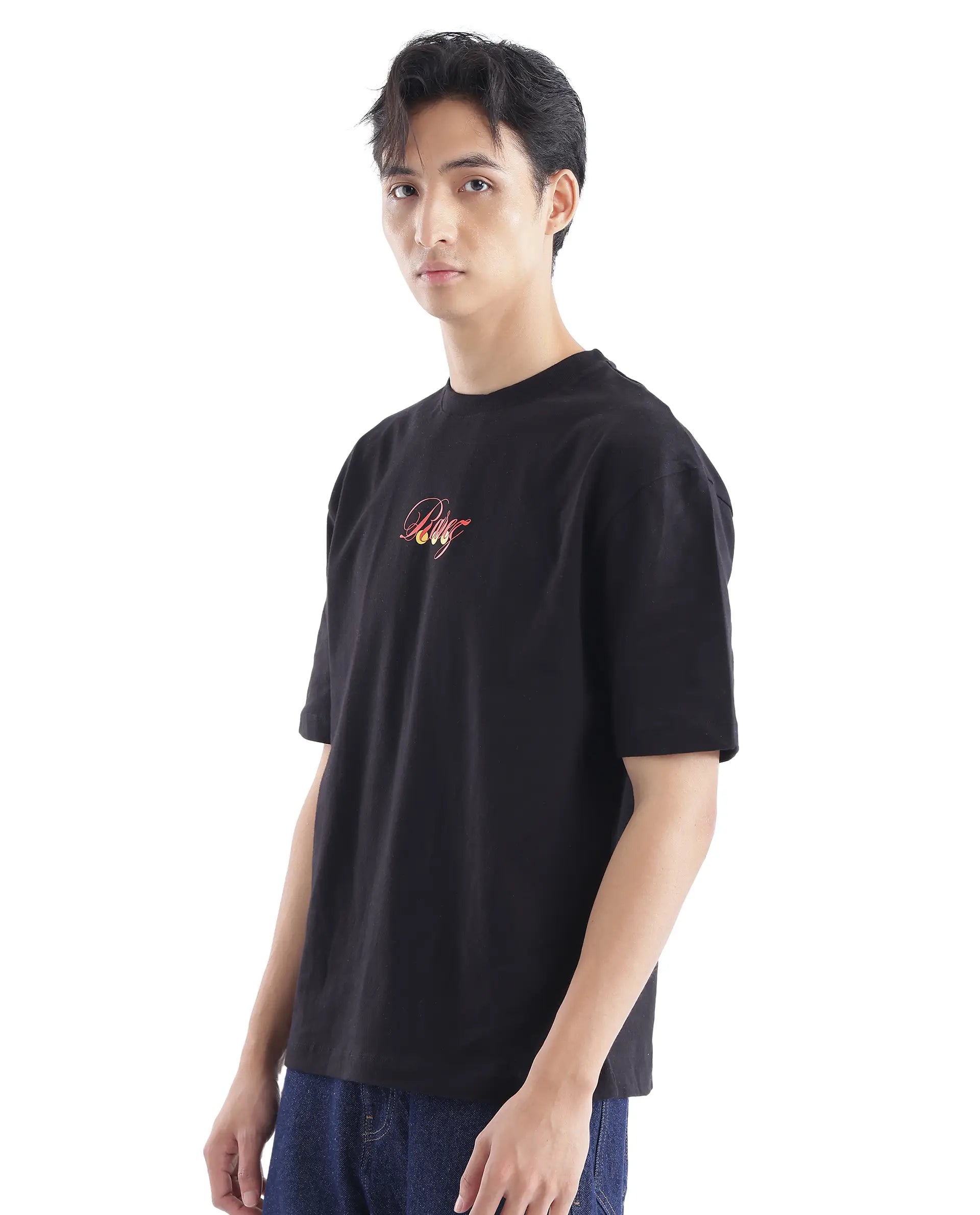 Rare Rabbit Men Cube Black Cotton Fabric Short Sleeve Crew Neck Oversized Fit Graphic Back Print T-Shirt