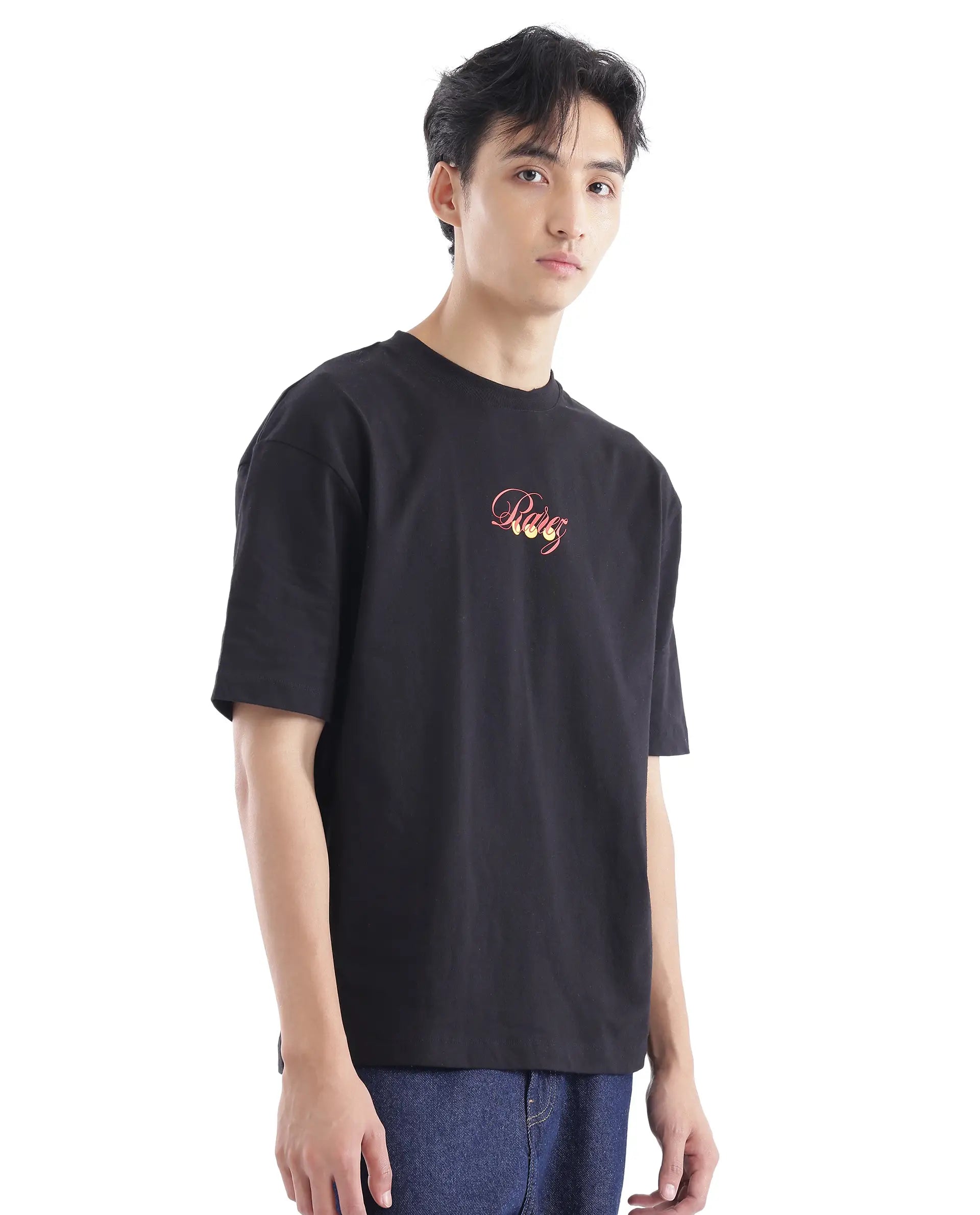 Rare Rabbit Men Cube Black Cotton Fabric Short Sleeve Crew Neck Oversized Fit Graphic Back Print T-Shirt