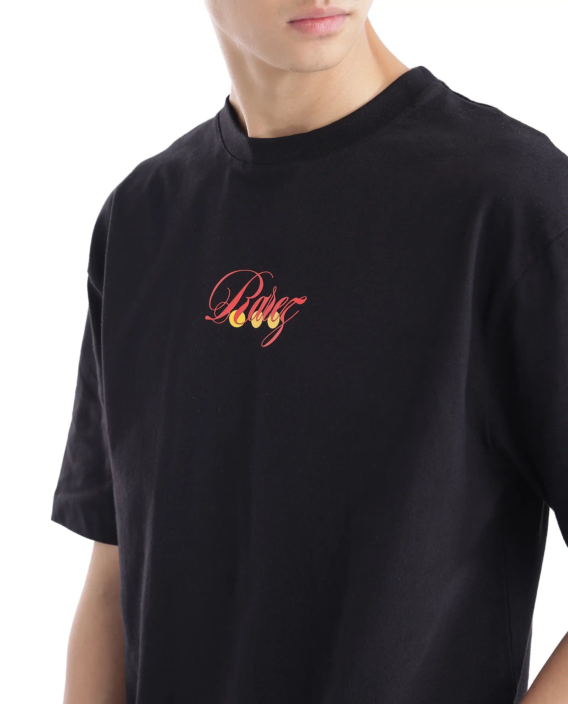 Rare Rabbit Men Cube Black Cotton Fabric Short Sleeve Crew Neck Oversized Fit Graphic Back Print T-Shirt