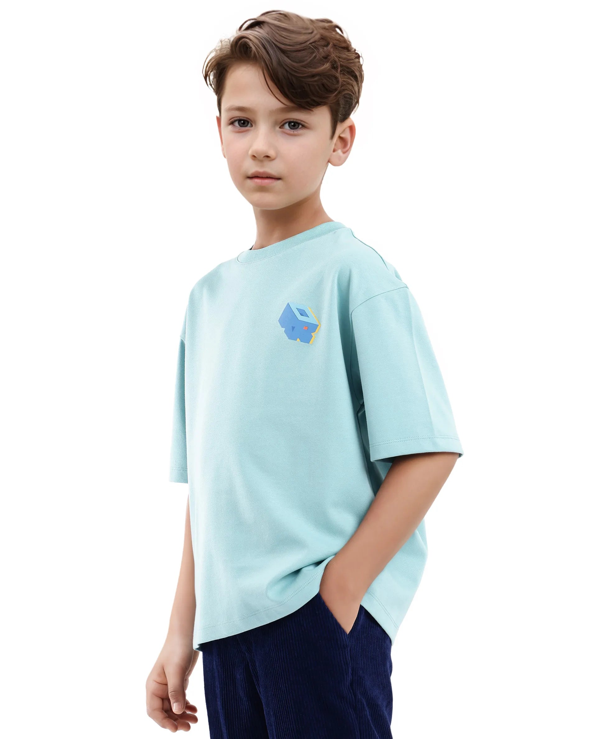 Rare Ones Kids Cube Light Turq Cotton Half Sleeves Crew Neck Back Graphic Print T-Shirt