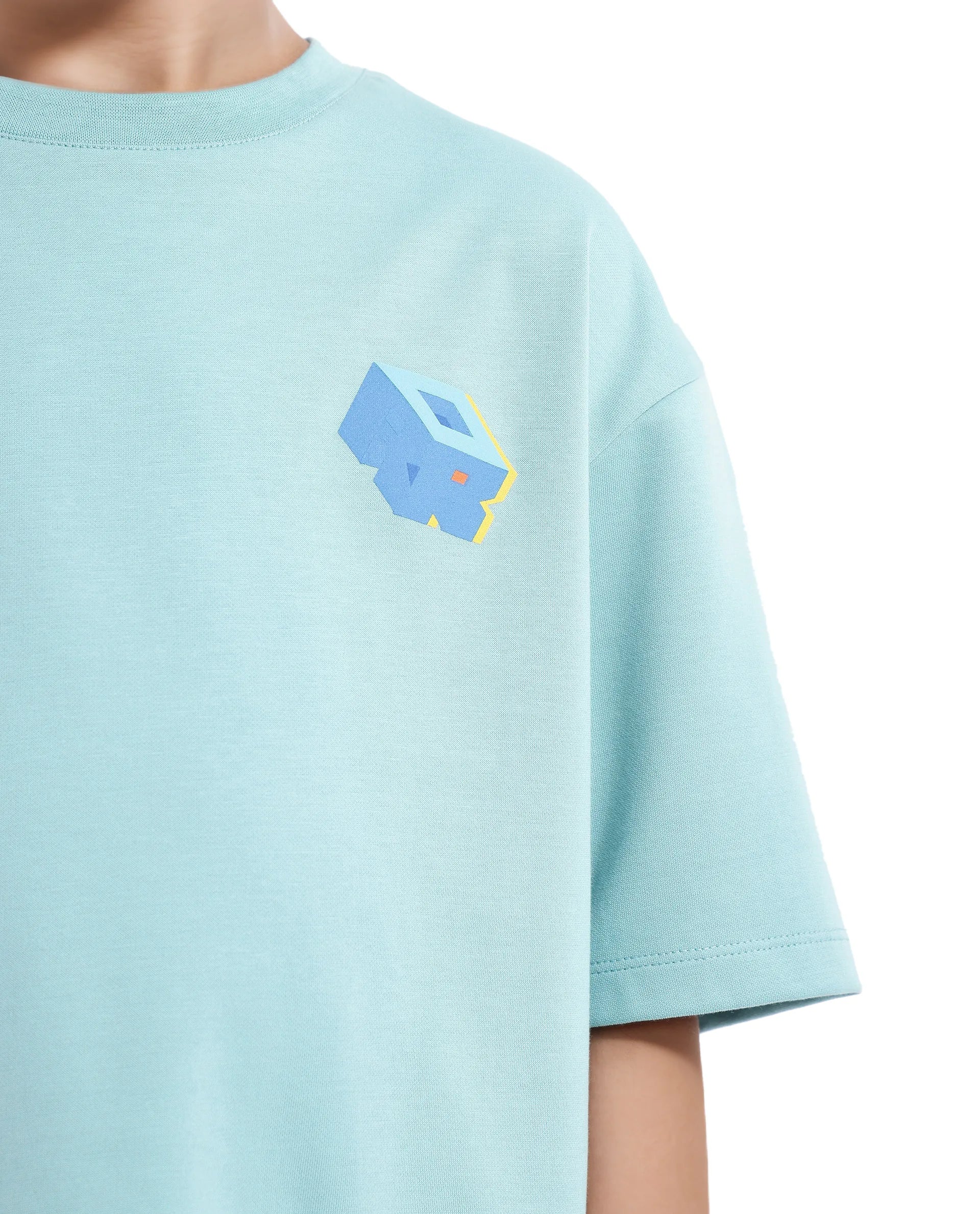Rare Ones Kids Cube Light Turq Cotton Half Sleeves Crew Neck Back Graphic Print T-Shirt