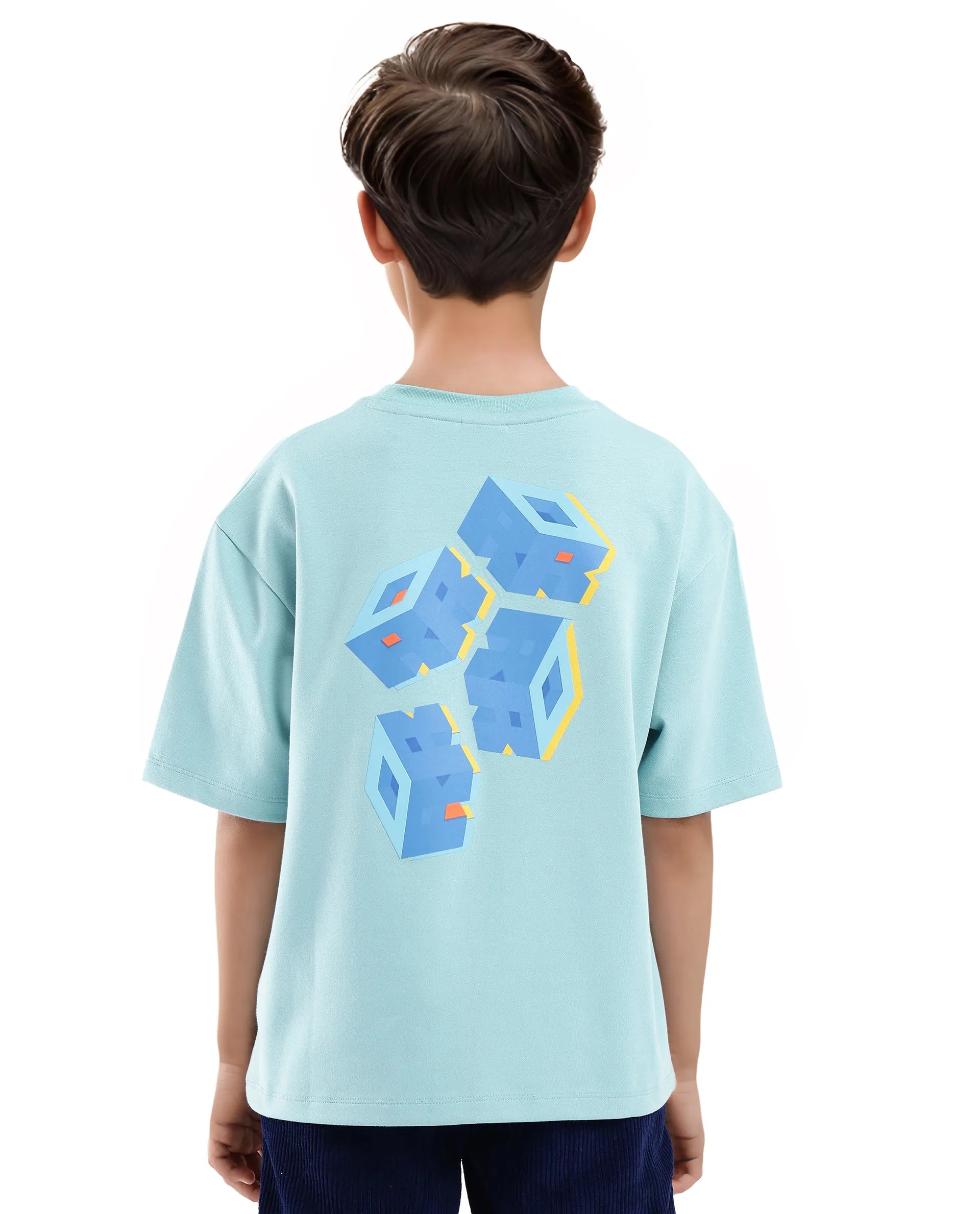 Rare Ones Kids Cube Light Turq Cotton Half Sleeves Crew Neck Back Graphic Print T-Shirt