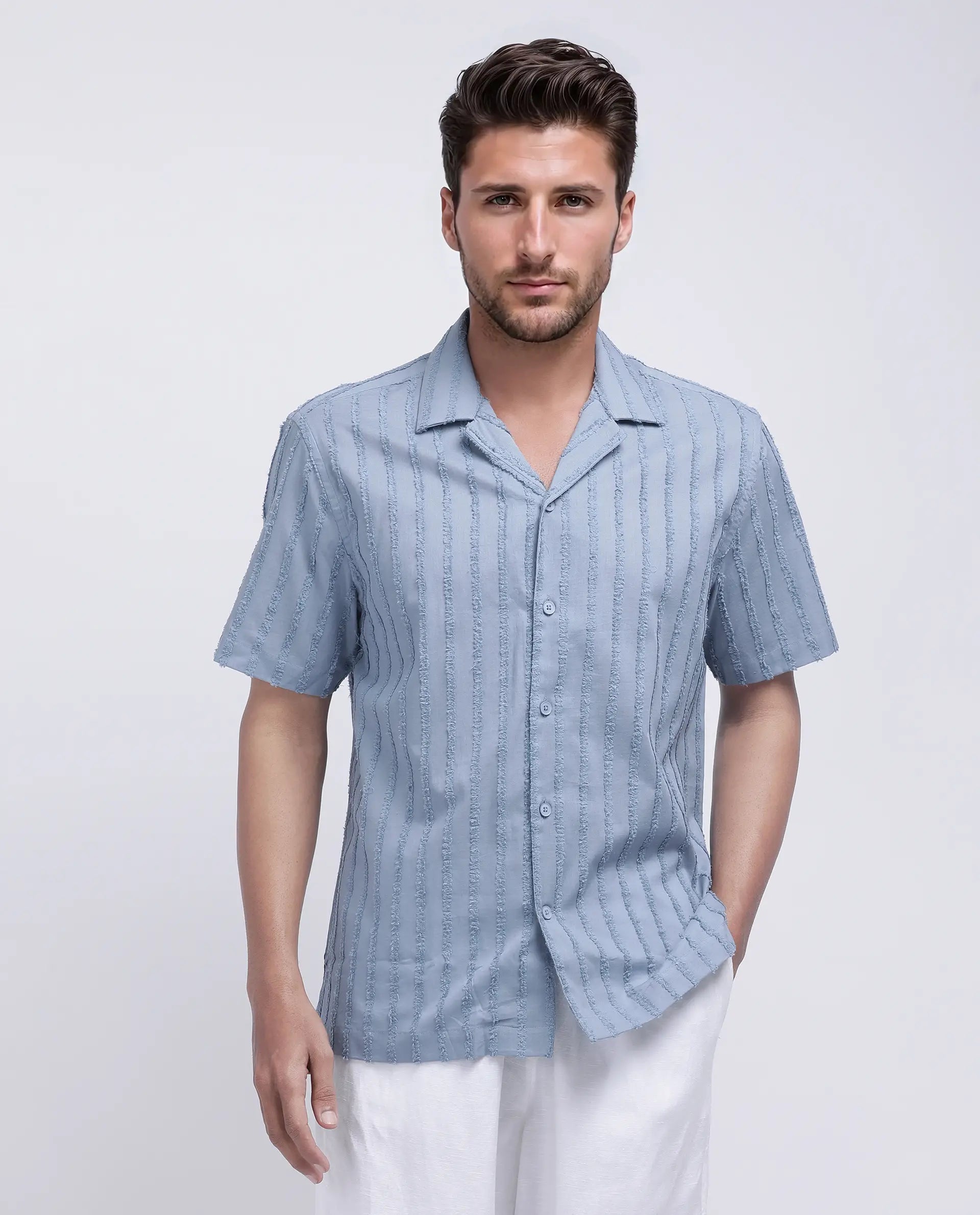 Rare Rabbit Men's Cuen Blue Cotton Striped Print Boxy Fit Half Sleeve Cuban Collar Shirt