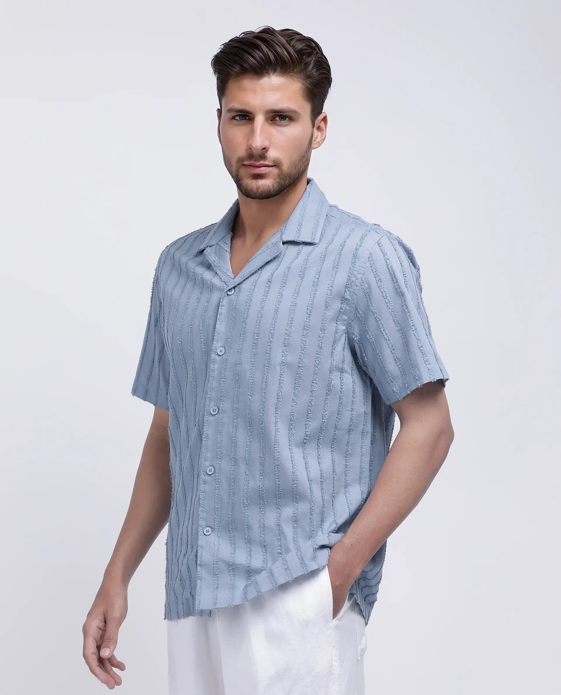 Rare Rabbit Men's Cuen Blue Cotton Striped Print Boxy Fit Half Sleeve Cuban Collar Shirt