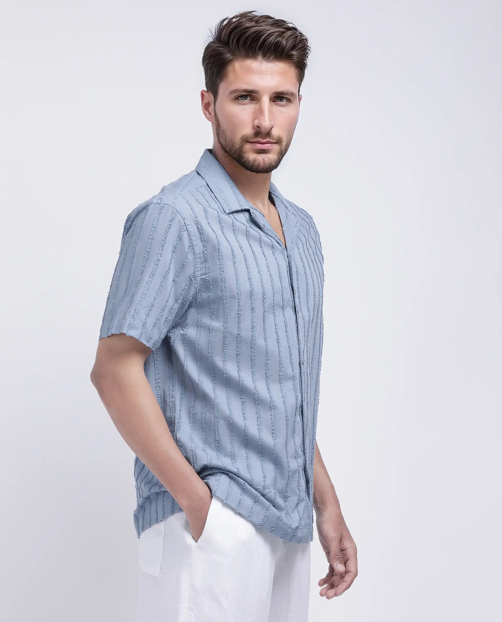 Rare Rabbit Men's Cuen Blue Cotton Striped Print Boxy Fit Half Sleeve Cuban Collar Shirt