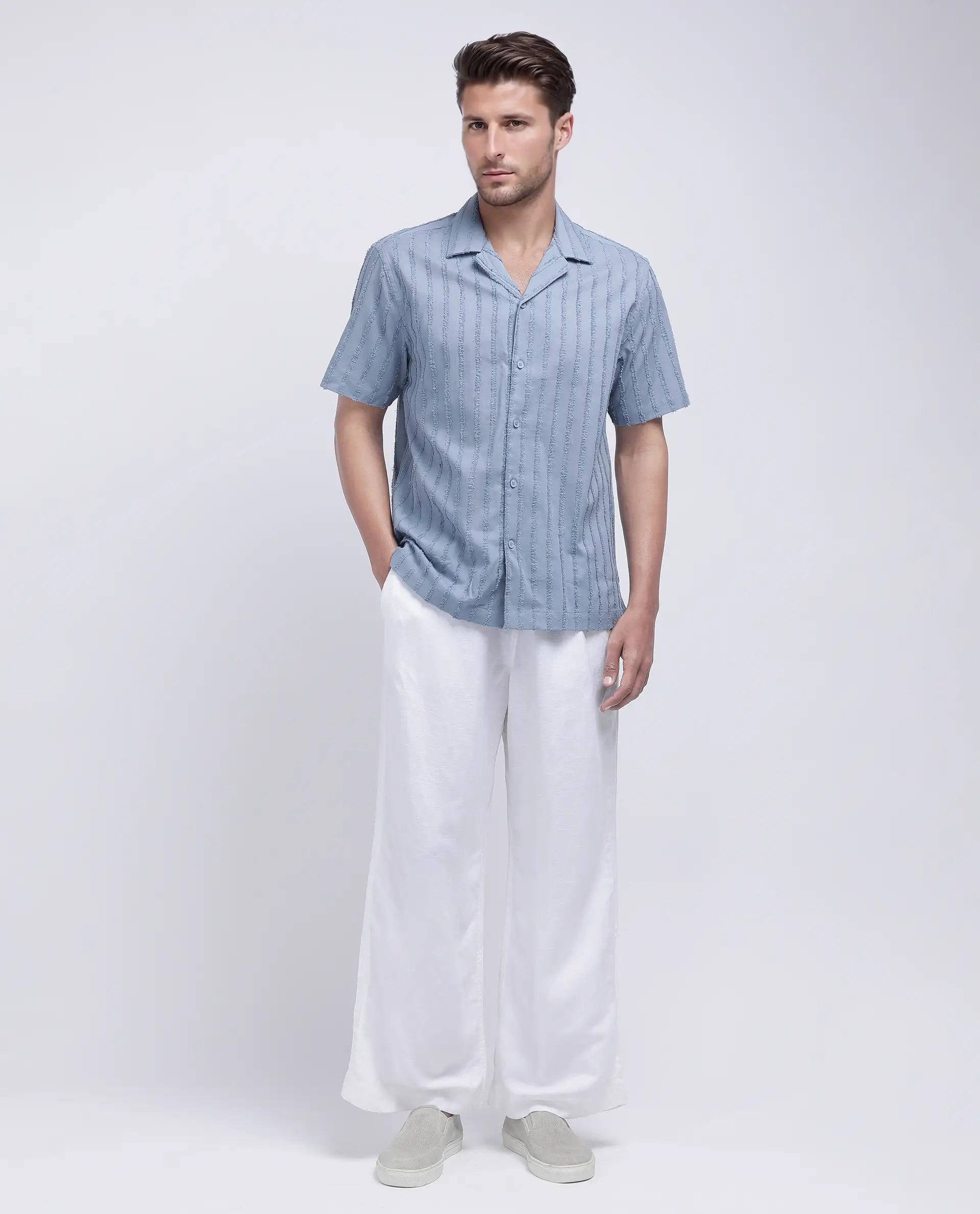 Rare Rabbit Men's Cuen Blue Cotton Striped Print Boxy Fit Half Sleeve Cuban Collar Shirt