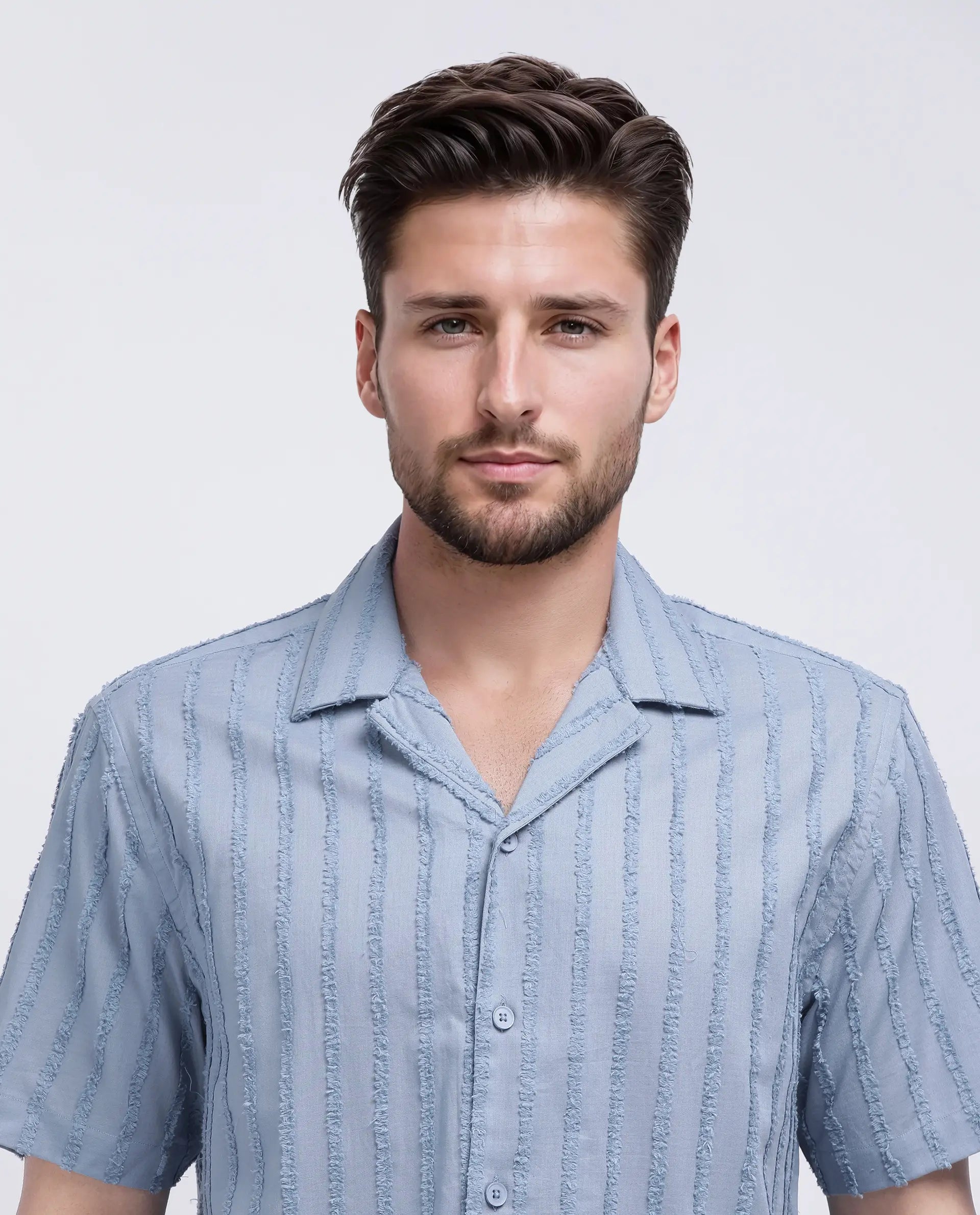 Rare Rabbit Men's Cuen Blue Cotton Striped Print Boxy Fit Half Sleeve Cuban Collar Shirt