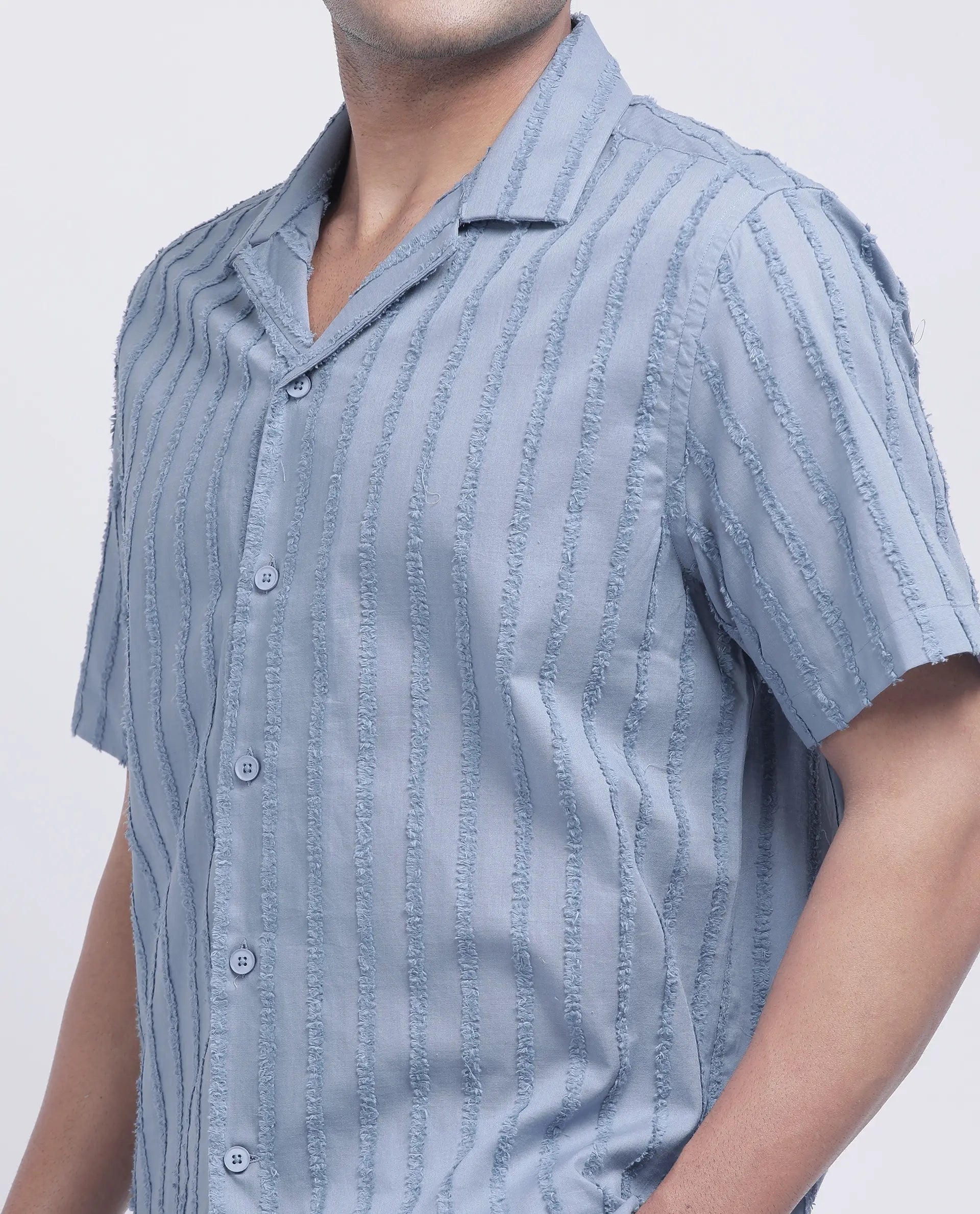 Rare Rabbit Men's Cuen Blue Cotton Striped Print Boxy Fit Half Sleeve Cuban Collar Shirt