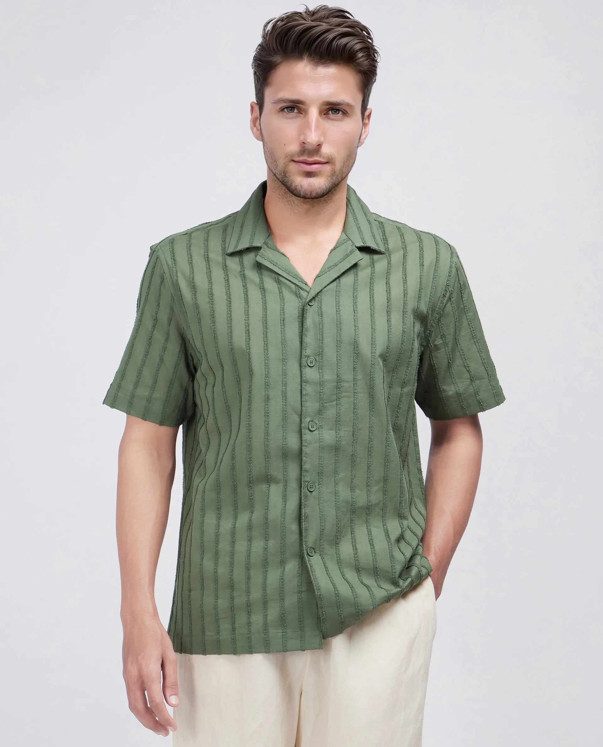 Rare Rabbit Men's Cuen Dark Green Cotton Fabric Short Sleeve Collared Neck Button Closure Printed Shirt