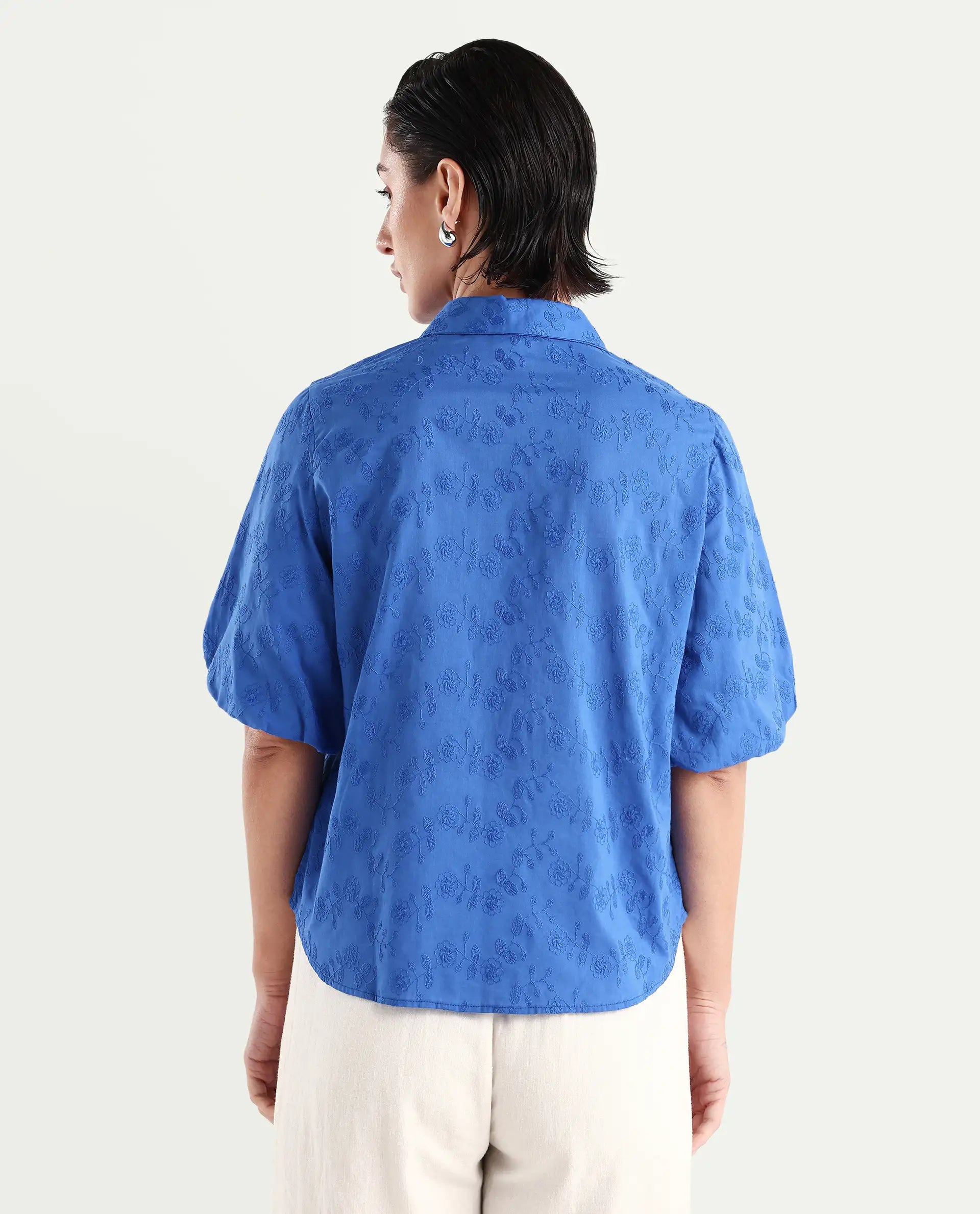 Rareism Women's Cuire Blue Cotton Drop Collar Embroidered Balloon Sleeve Regular Fit Shirt