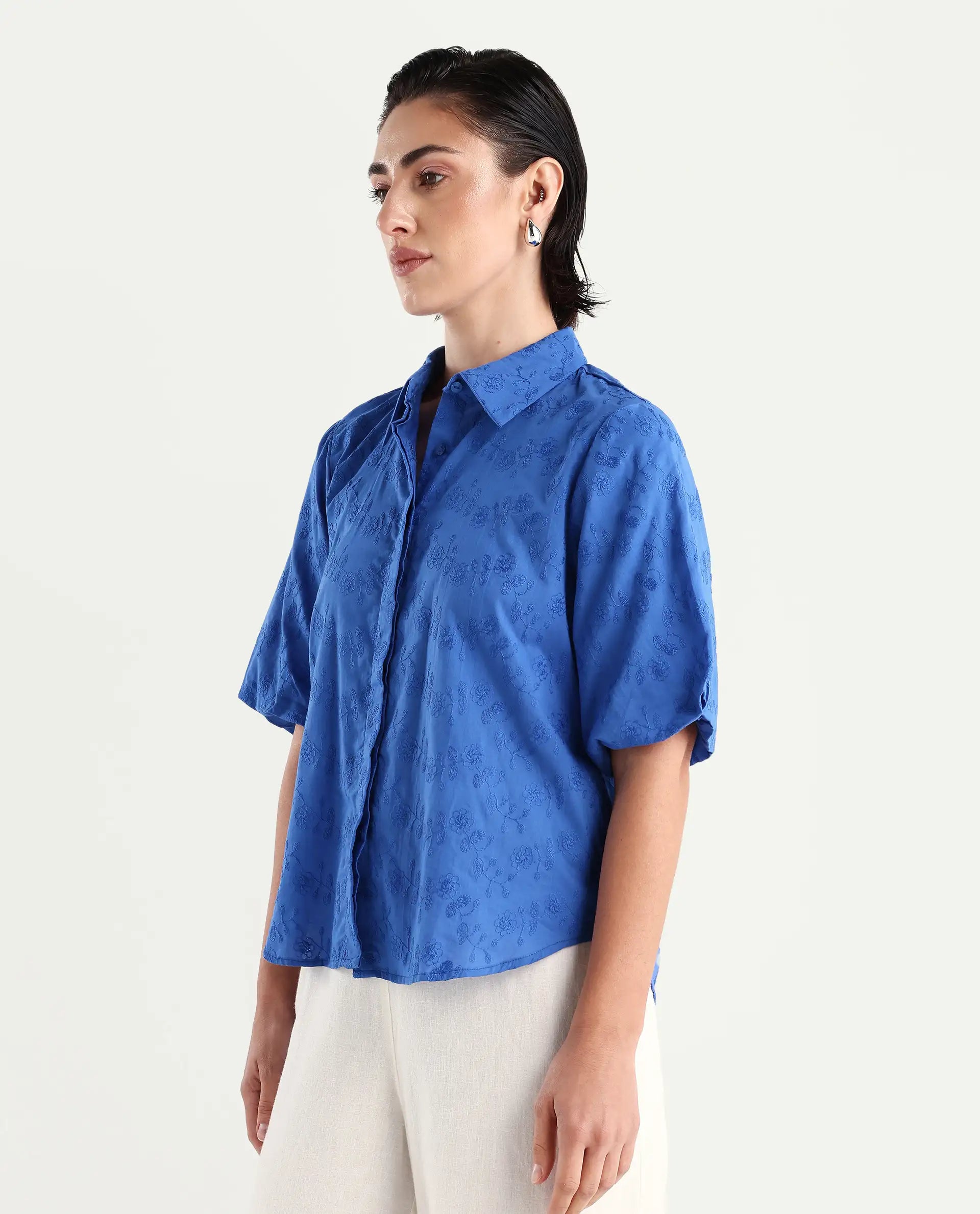 Rareism Women's Cuire Blue Cotton Drop Collar Embroidered Balloon Sleeve Regular Fit Shirt