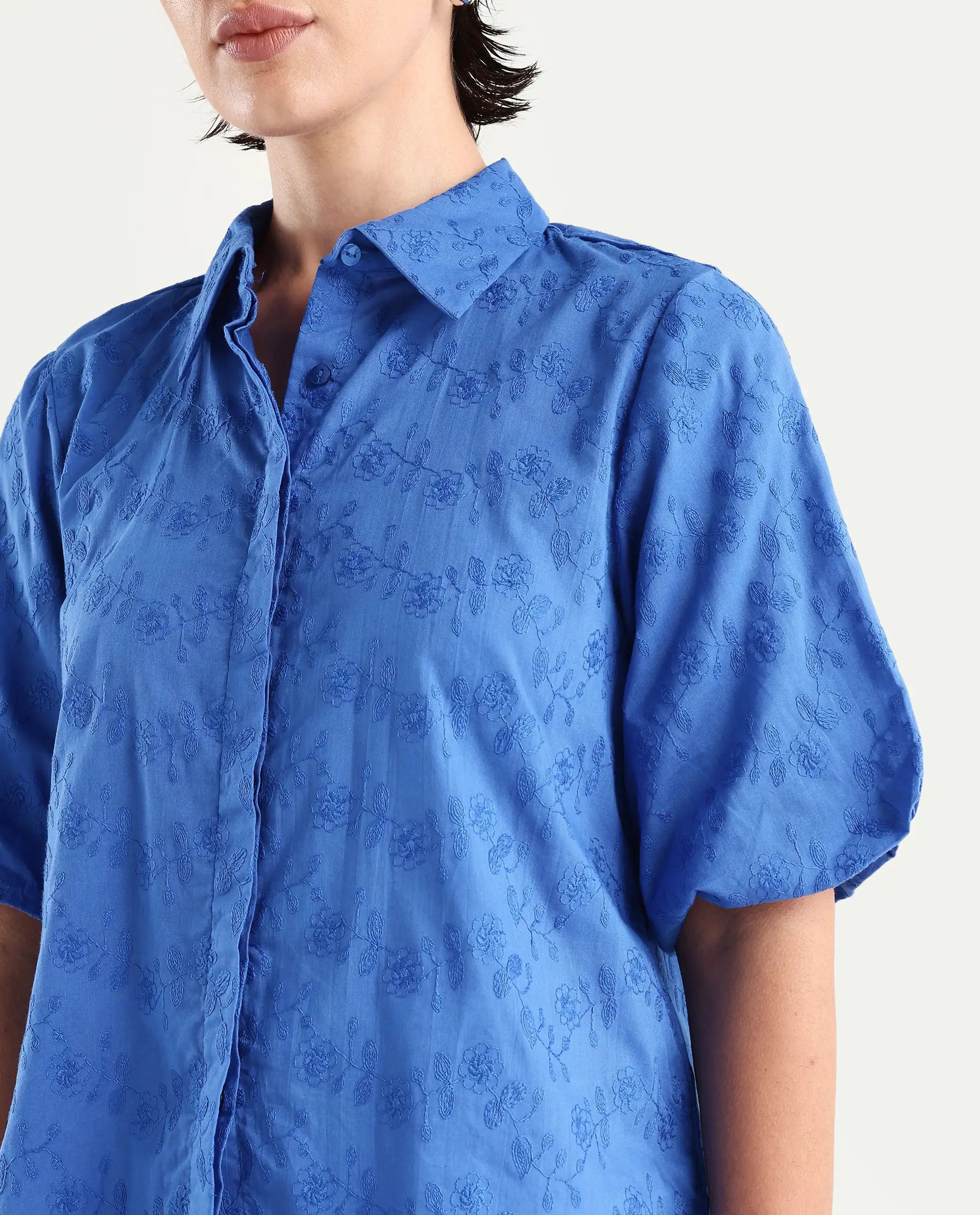 Rareism Women's Cuire Blue Cotton Drop Collar Embroidered Balloon Sleeve Regular Fit Shirt