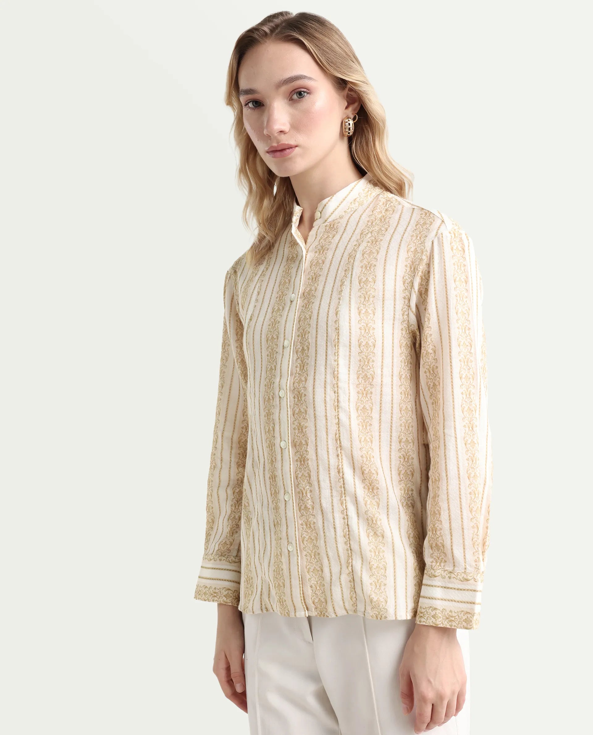 Rareism Women's Cuneo Beige Cotton Mandarin Collar Striped Cuffed Sleeve Regular Fit Shirt