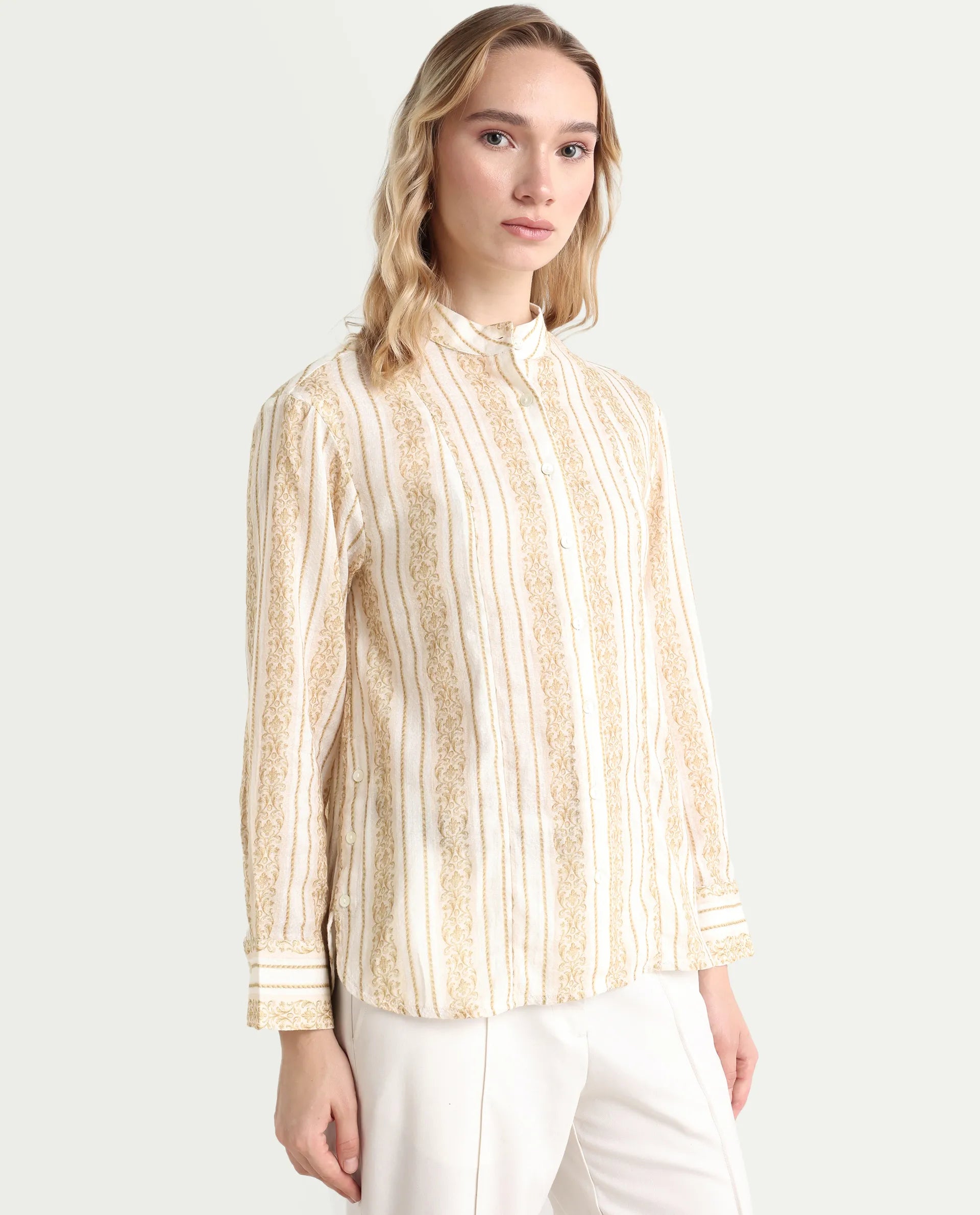 Rareism Women's Cuneo Beige Cotton Mandarin Collar Striped Cuffed Sleeve Regular Fit Shirt