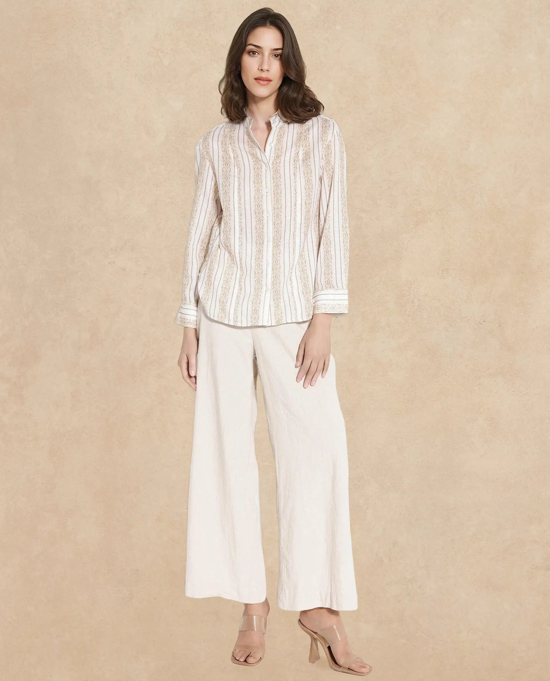 Rareism Women Cuneo Beige Cuffed Sleeve Mandarin Collar Broad Stripes Shirt