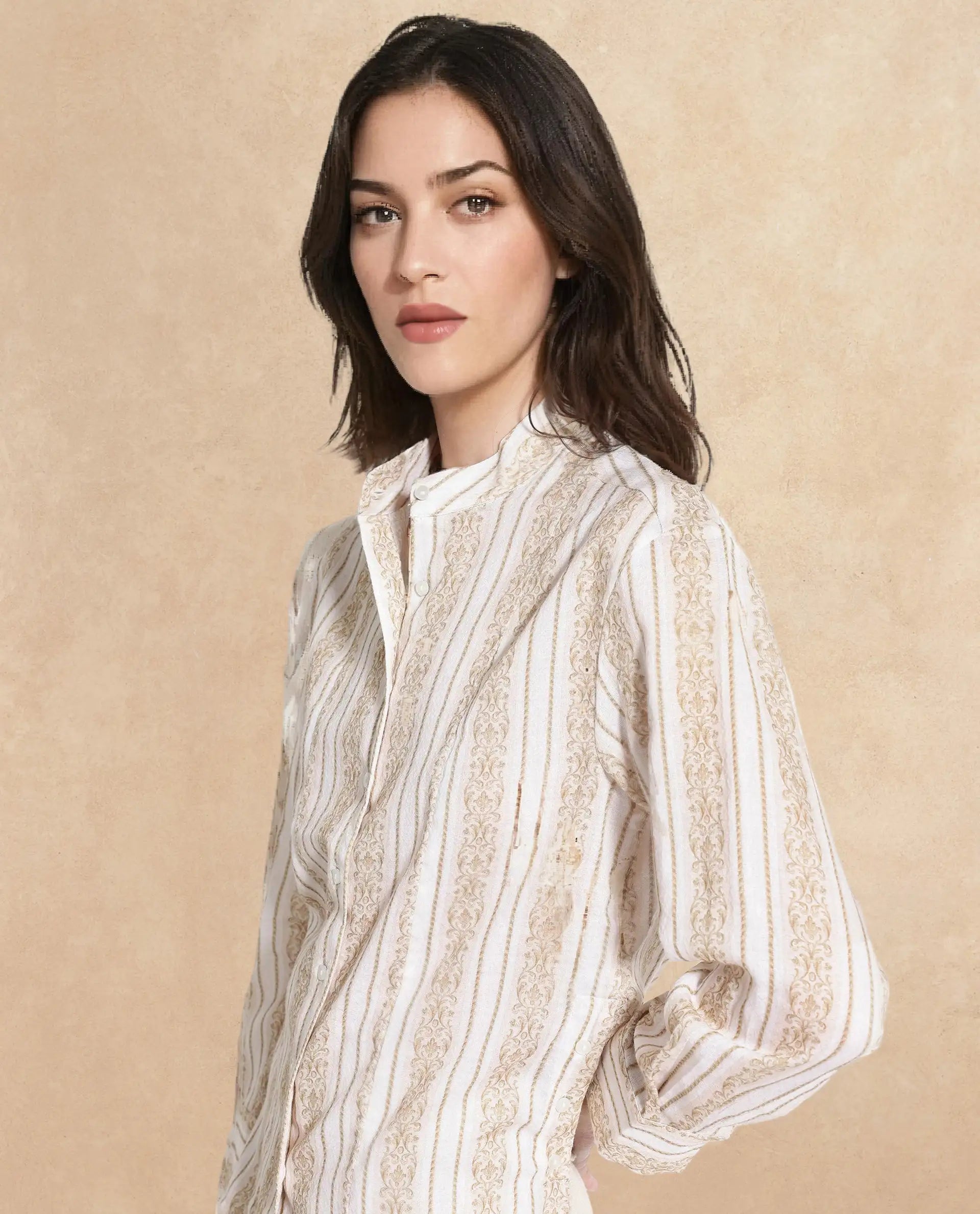 Rareism Women Cuneo Beige Cuffed Sleeve Mandarin Collar Broad Stripes Shirt