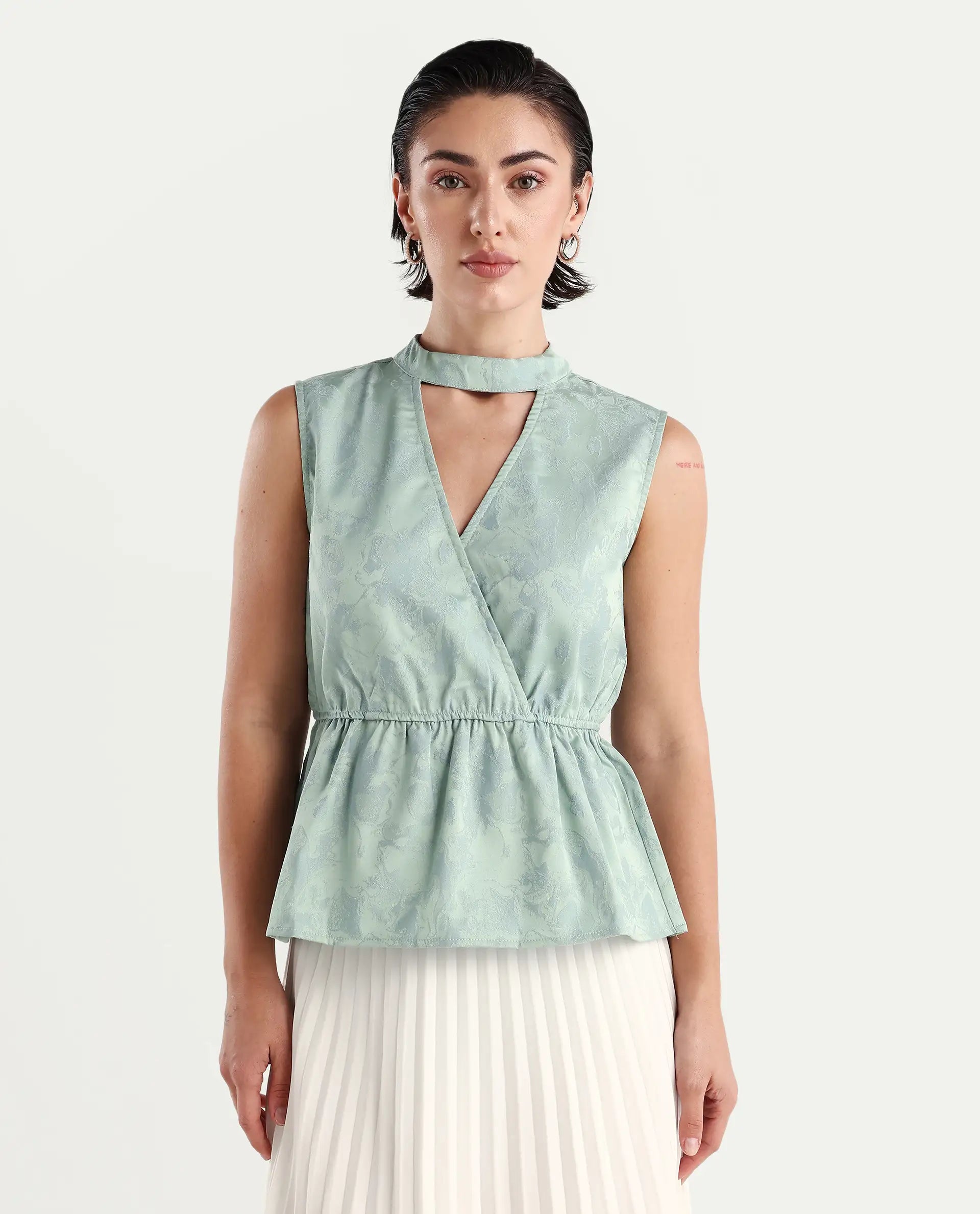 Rareism Women's Cupid Light Blue Polyester Cutaway Collar Plain Sleeveless Regular Fit Top