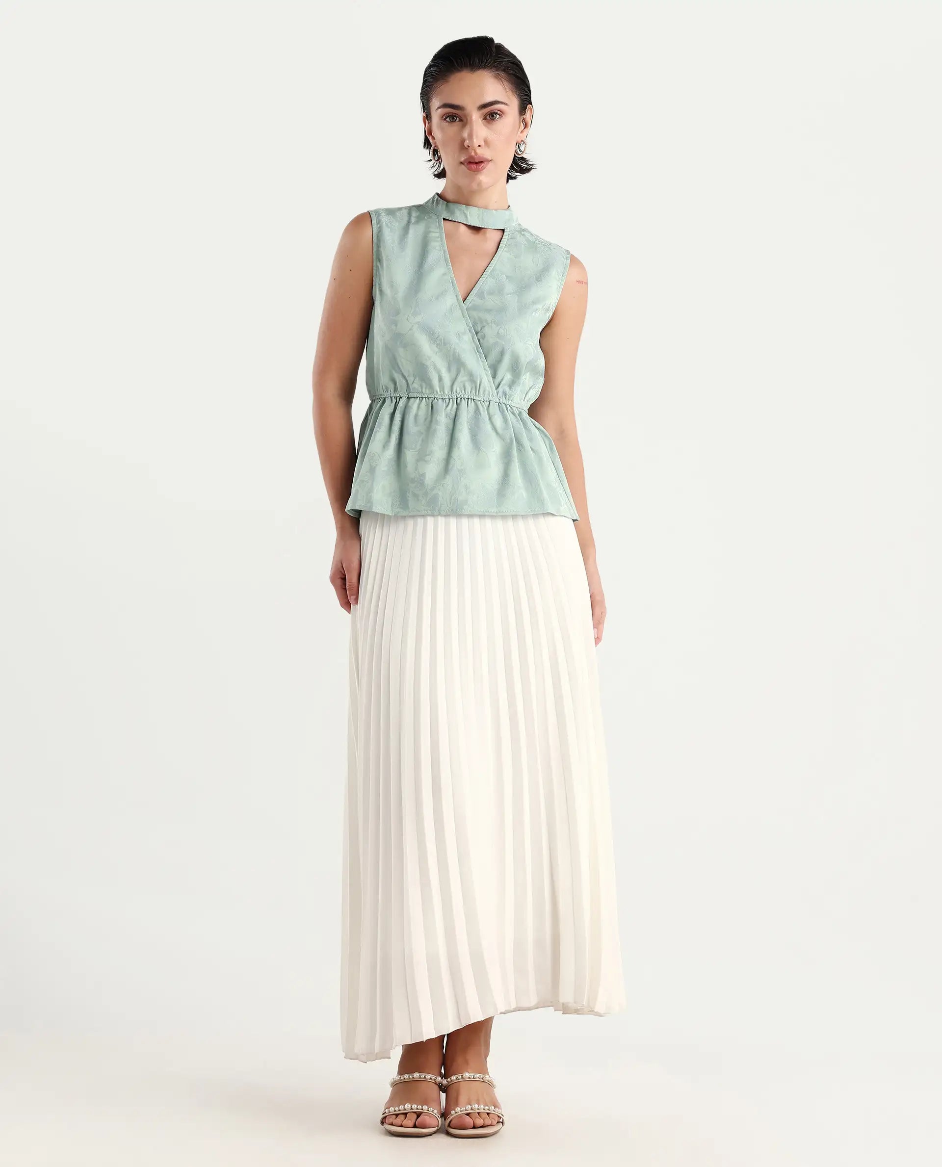 Rareism Women's Cupid Light Blue Polyester Cutaway Collar Plain Sleeveless Regular Fit Top