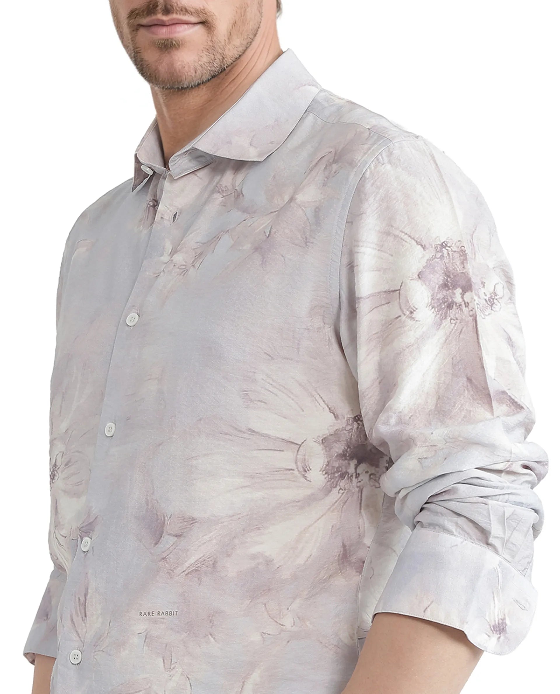 Rare Rabbit Men Curas Pastel Blue Viscose Nylon Fabric Full Sleeve Regular Collared Button Closure Relaxed Fit Floral Print Shirt