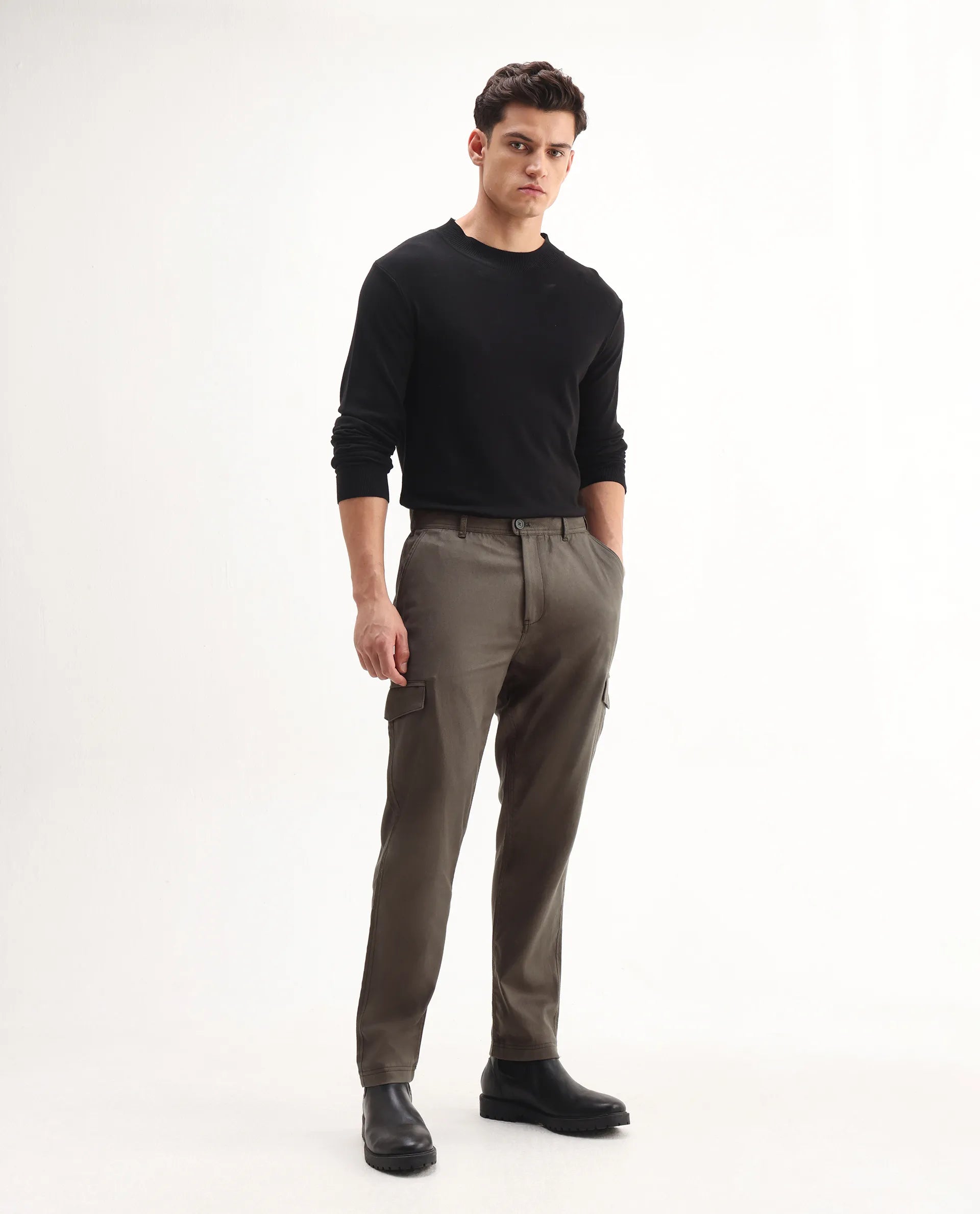 Rare Rabbit Men's Curex-1 Olive Cotton Blend Plain Regular Fit Trouser